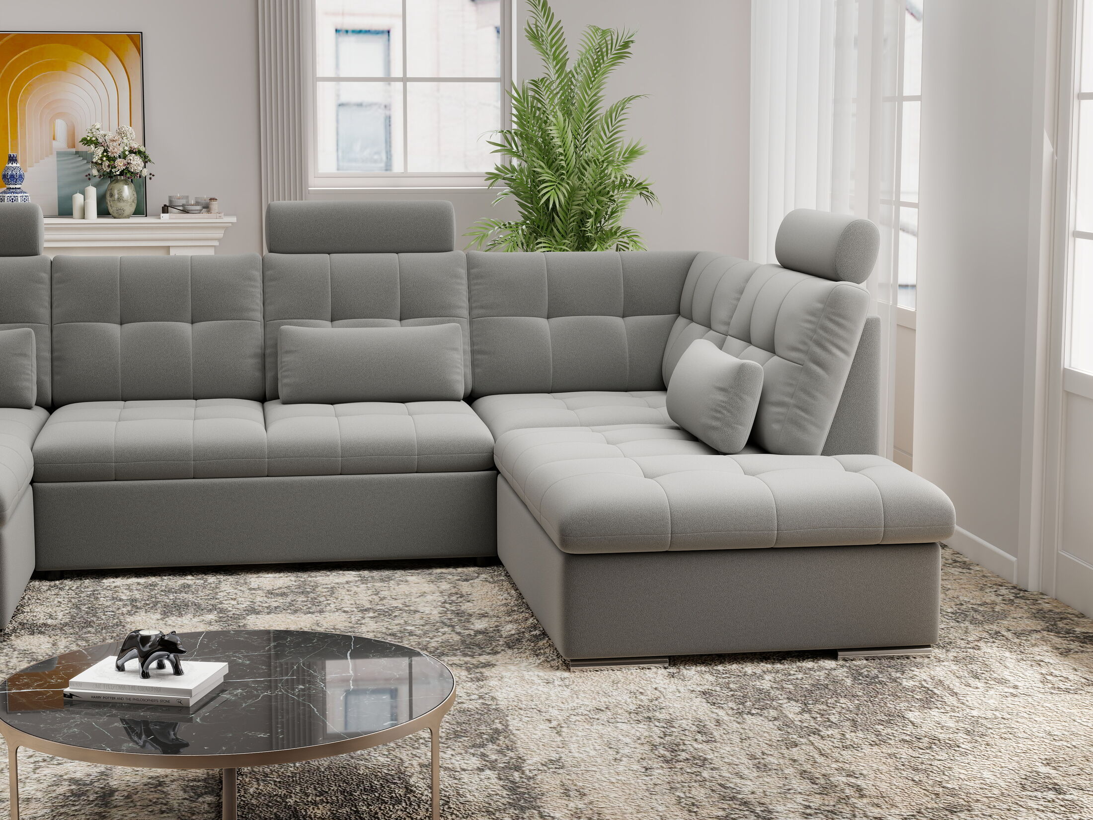 Colțar extensibil dumonde cu ladă de depozitare și șezut confortabil din spumă HR, Merkur U Royal Gri 324x218 cm