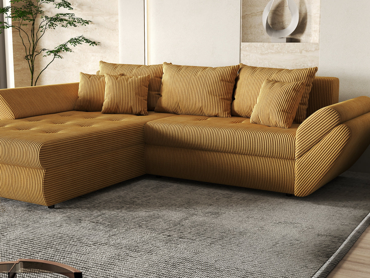 Colțar extensibil dumonde cu ladă de depozitare si sezut confortabil din spuma HR, Loana Mustar Zoom 270x185 cm Fabrica