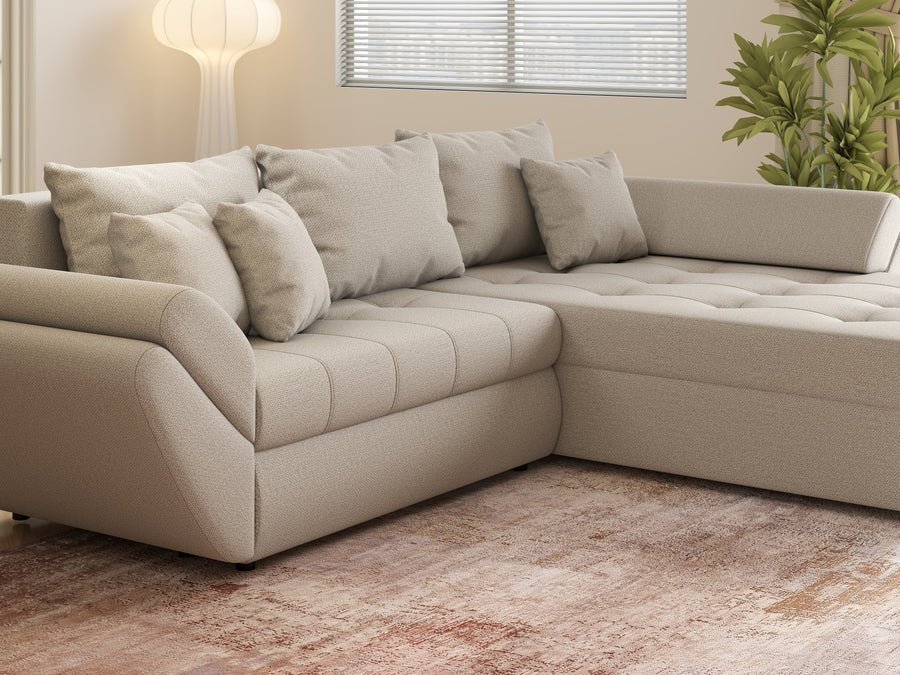 Colțar extensibil dumonde cu ladă de depozitare si sezut confortabil din spuma HR, Loana Bej 270x185 cm Fabrica