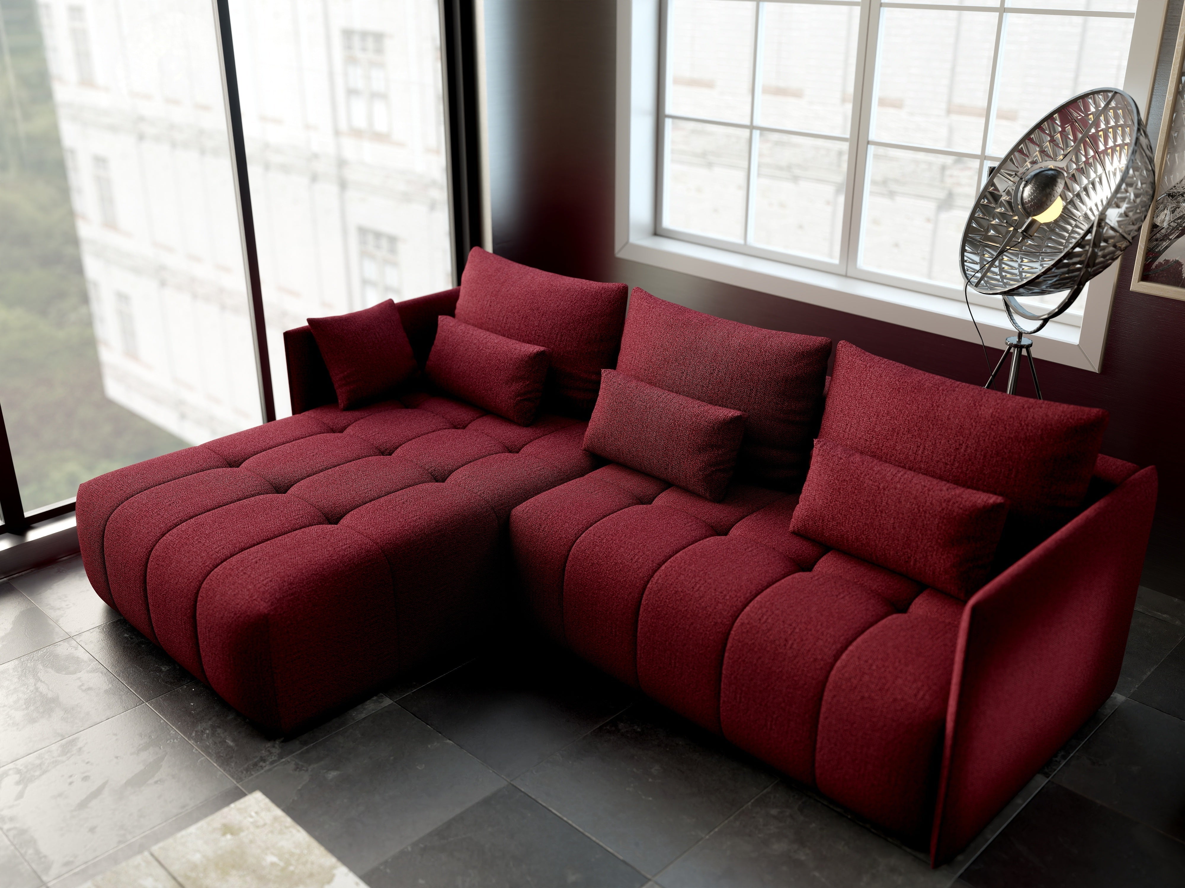 Colțar extensibil dumonde cu ladă de depozitare si sezut confortabil din spuma HR, Malta Bordoux 235x185 cm Fabrica