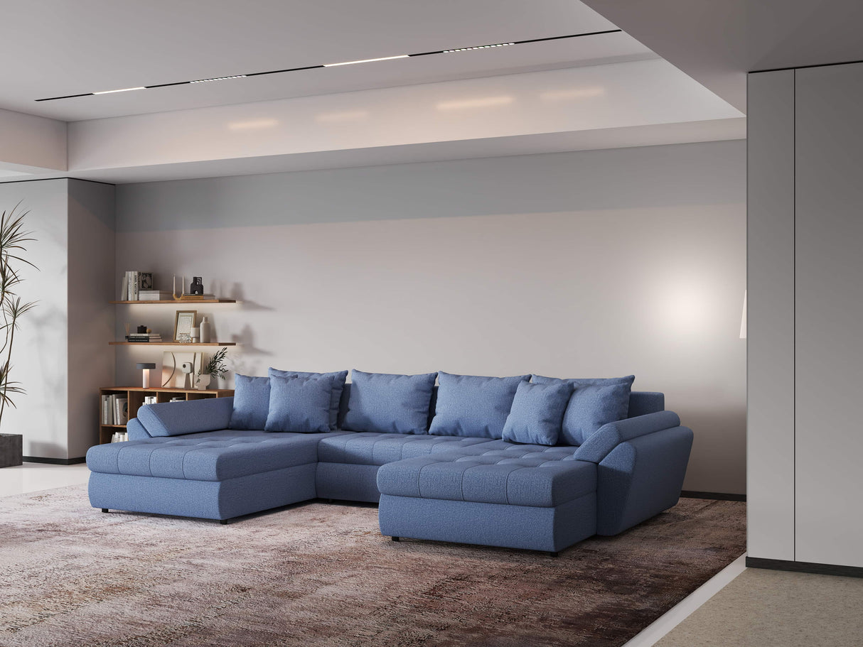 Colțar extensibil  dumonde cu ladă de depozitare si sezut confortabil din spuma HR, Loana Blue U 355x185 cm Fabrica