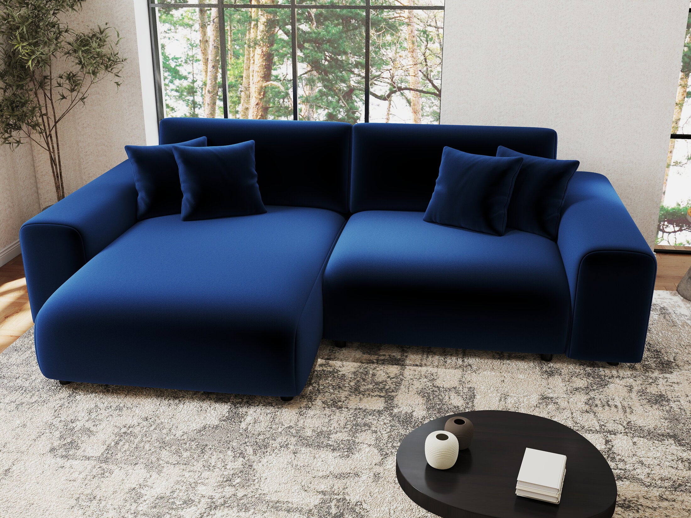 Colțar extensibil dumonde cu ladă de depozitare si sezut confortabil din spuma HR, Sarina Royal Albastru Navy 255x168 cm