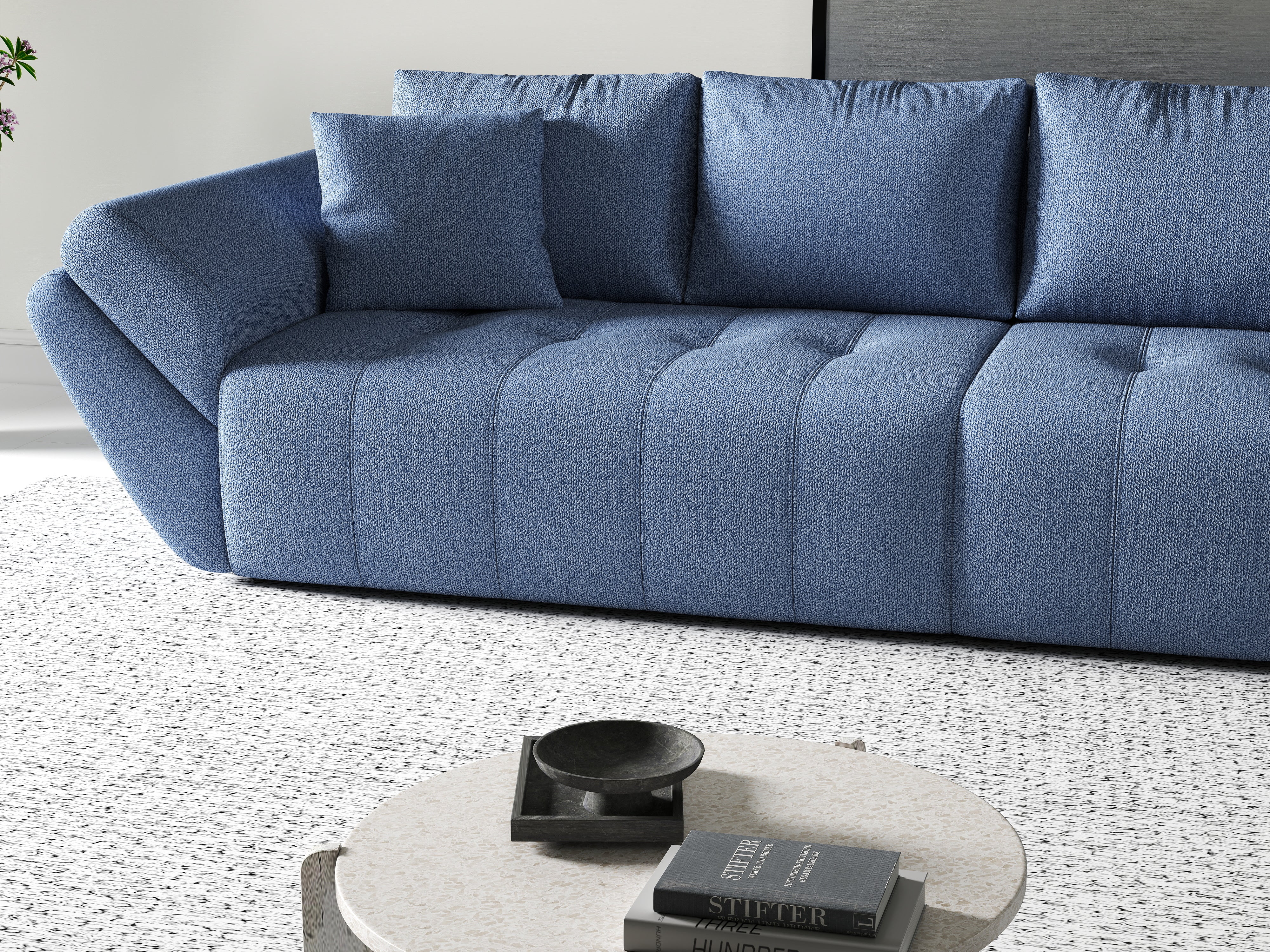 Canapea extensibilă dumonde cu ladă de depozitare si sezut confortabil din spuma HR, Berlin Blue 300x100 cm Fabrica