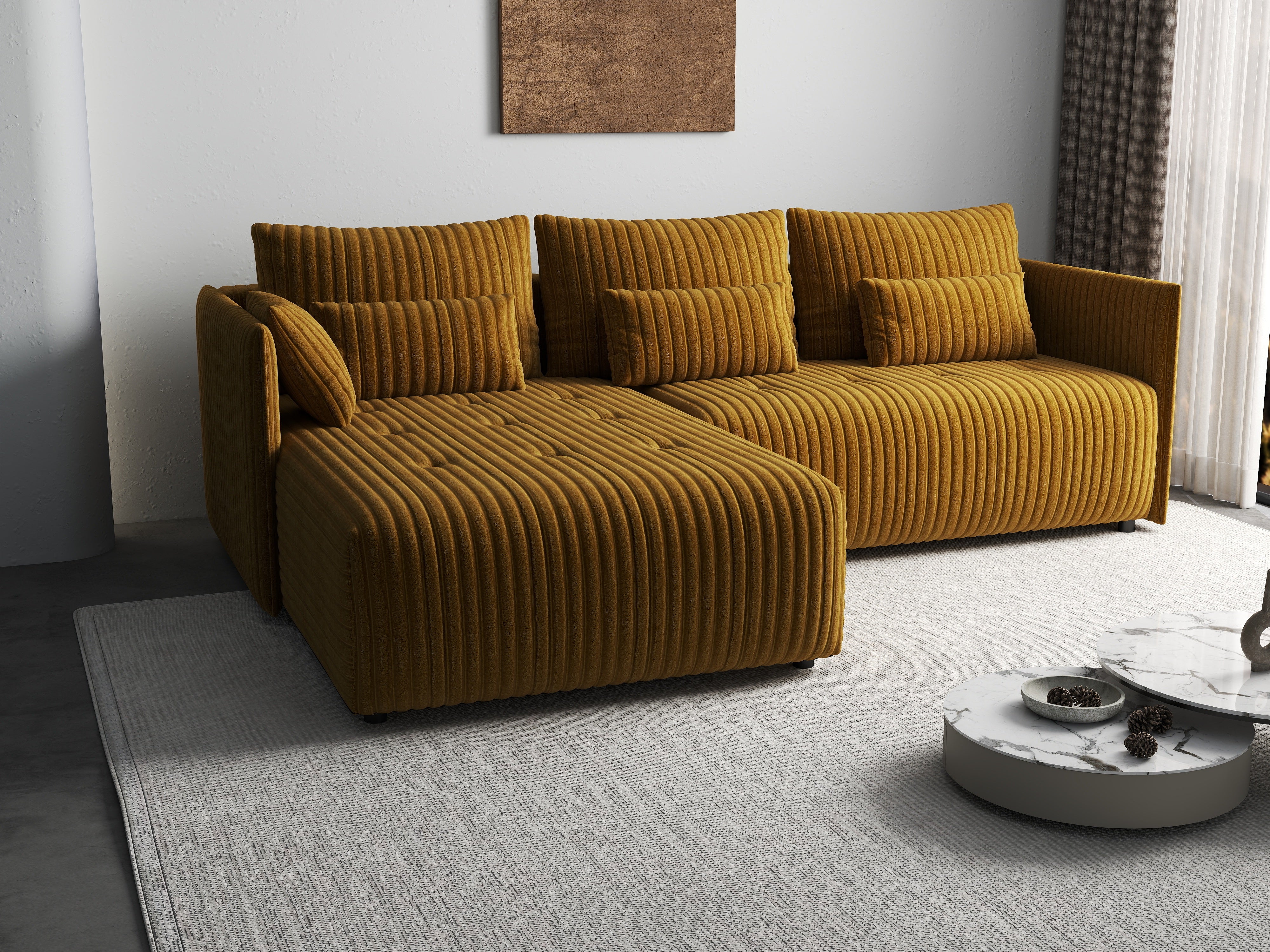 Colțar extensibil dumonde cu ladă de depozitare si sezut confortabil din spuma HR, Malta Ambience Mustard 235x185 cm Fabrica
