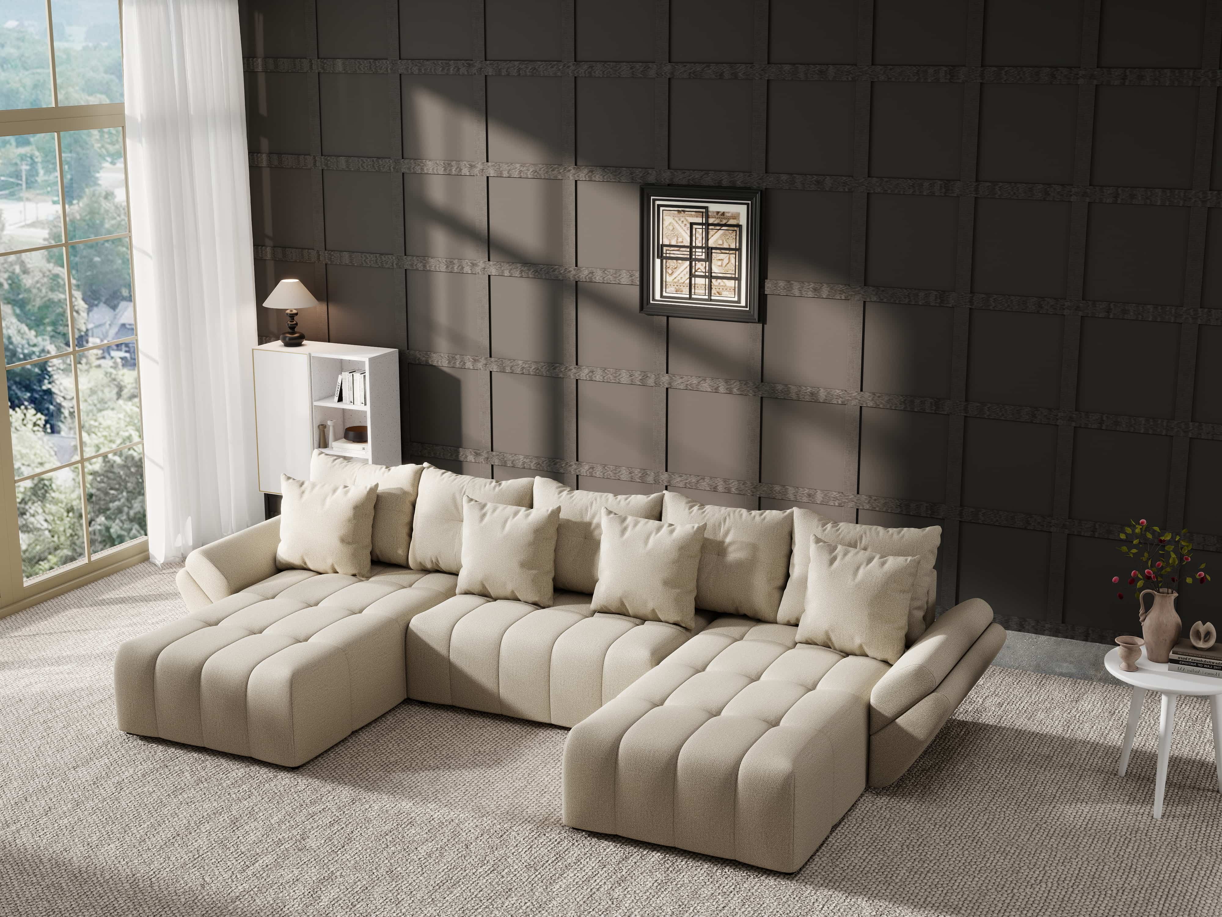 Colțar extensibil dumonde cu ladă de depozitare si sezut confortabil din spuma HR, Berlin U Enjoy Bej 2 380x180 cm Fabrica