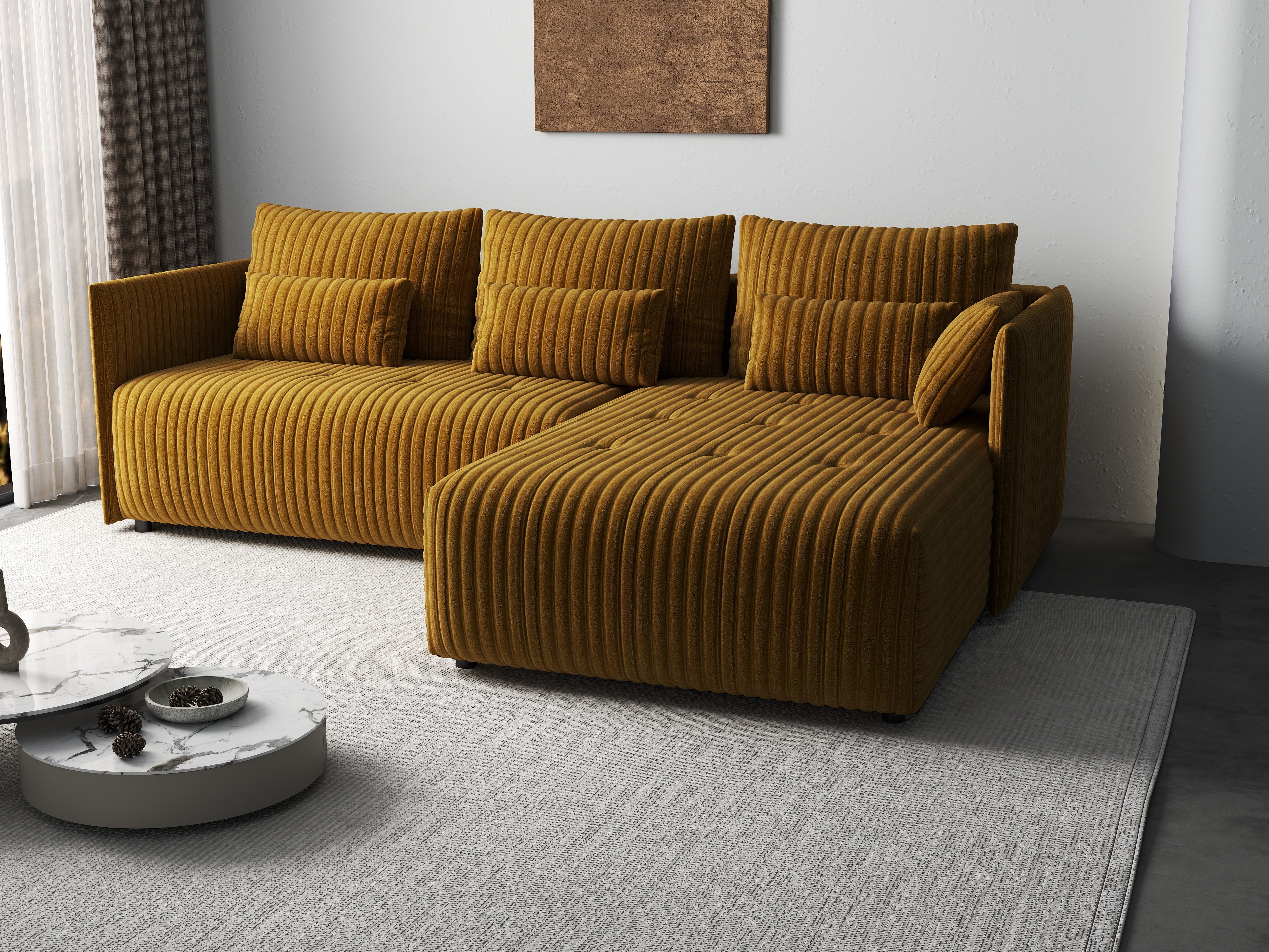 Colțar extensibil dumonde cu ladă de depozitare si sezut confortabil din spuma HR, Malta Ambience Mustard II 235x185 cm Fabrica