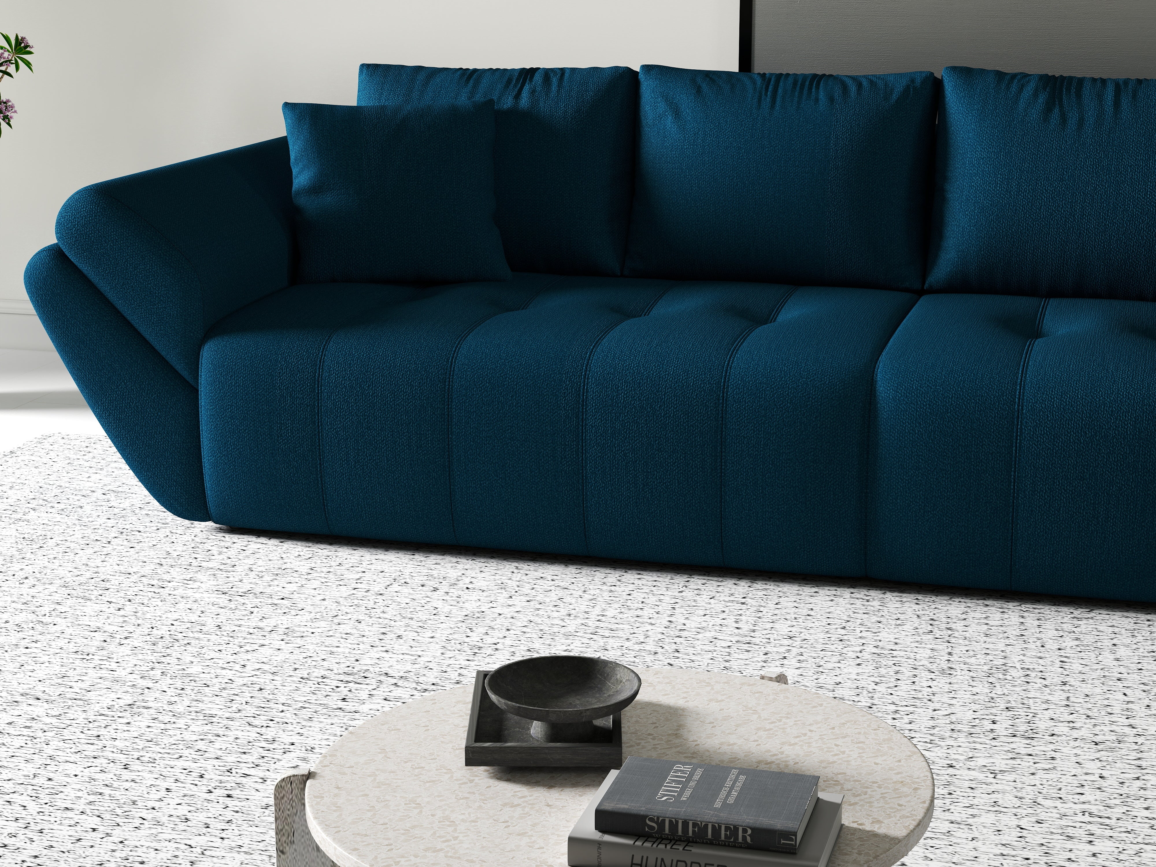 Canapea extensibilă dumonde cu ladă de depozitare si sezut confortabil din spuma HR, Berlin Petrol 300x100 cm Fabrica