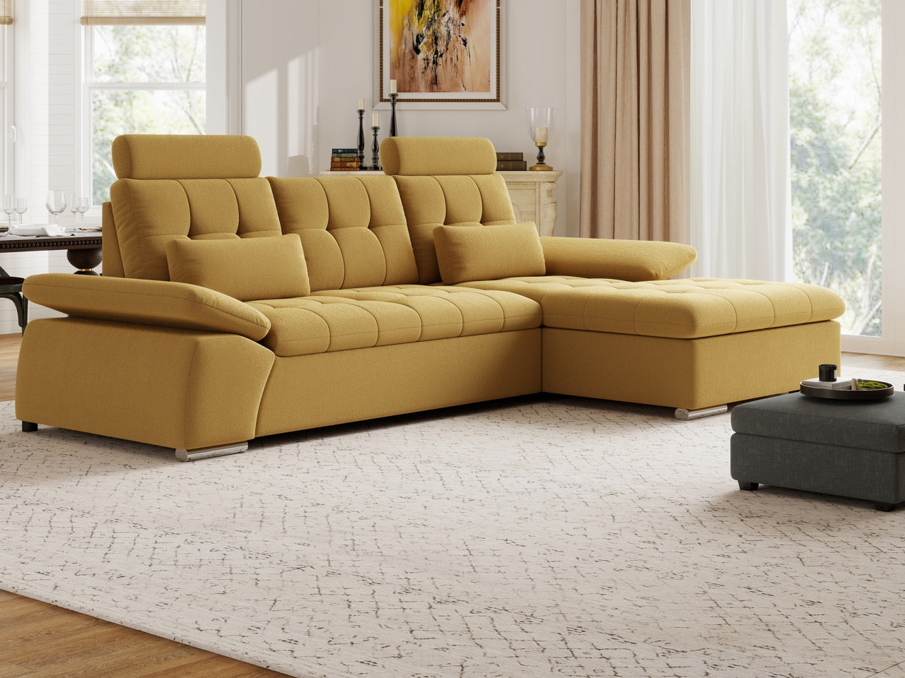 Colțar extensibil dumonde cu ladă de depozitare și șezut confortabil din spumă HR, Merkur Royal Mustar 270x168 cm II