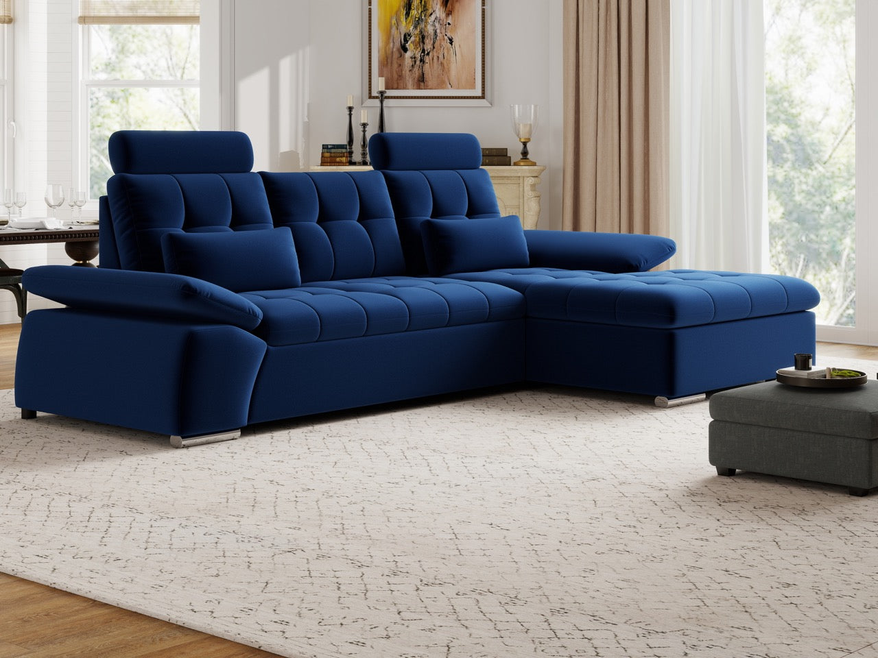 Colțar extensibil dumonde cu ladă de depozitare și șezut confortabil din spumă HR, Merkur Royal Albastru Navy 270x168 cm II