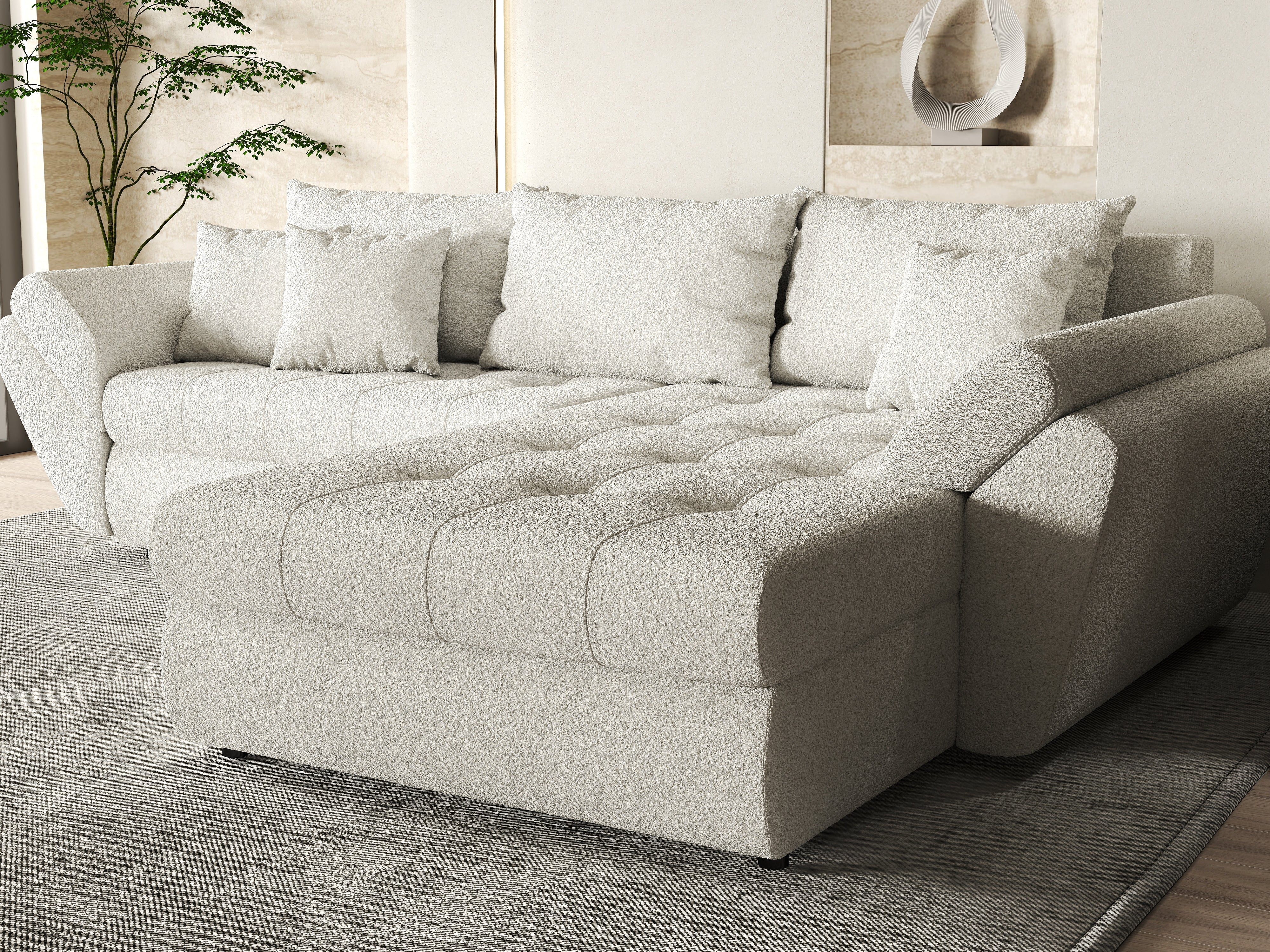 Colțar extensibil dumonde cu ladă de depozitare si sezut confortabil din spuma HR, Loana Euphoria Ivory II 270x185 cm Fabrica
