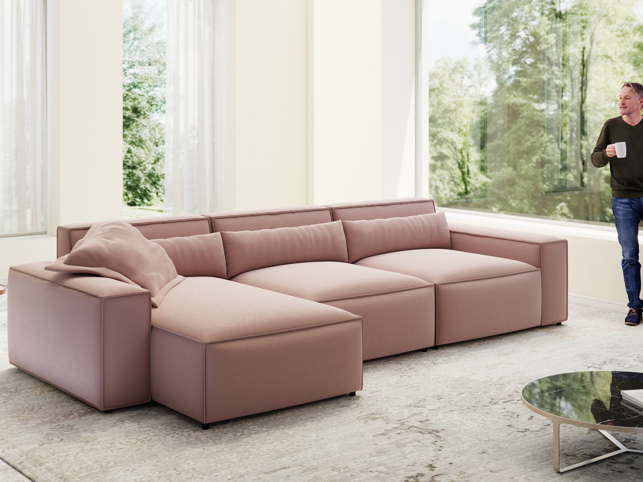 Colțar dumonde cu sezut confortabil din spuma HR, Marvelo XL Royal Roz 366x175 cm