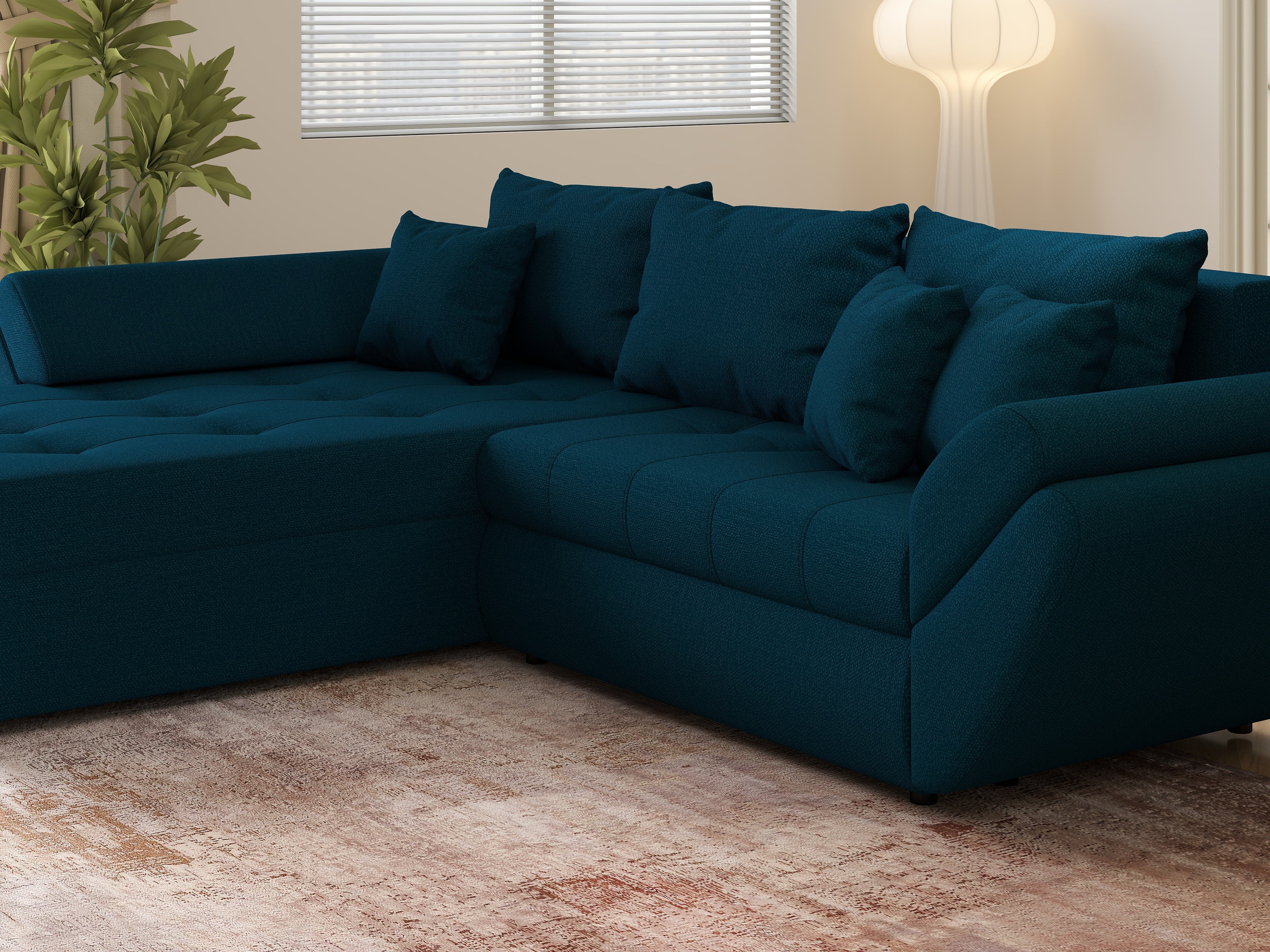 Colțar extensibil dumonde cu ladă de depozitare si sezut confortabil din spuma HR, Loana Petrol Green 270x185 cm Fabrica