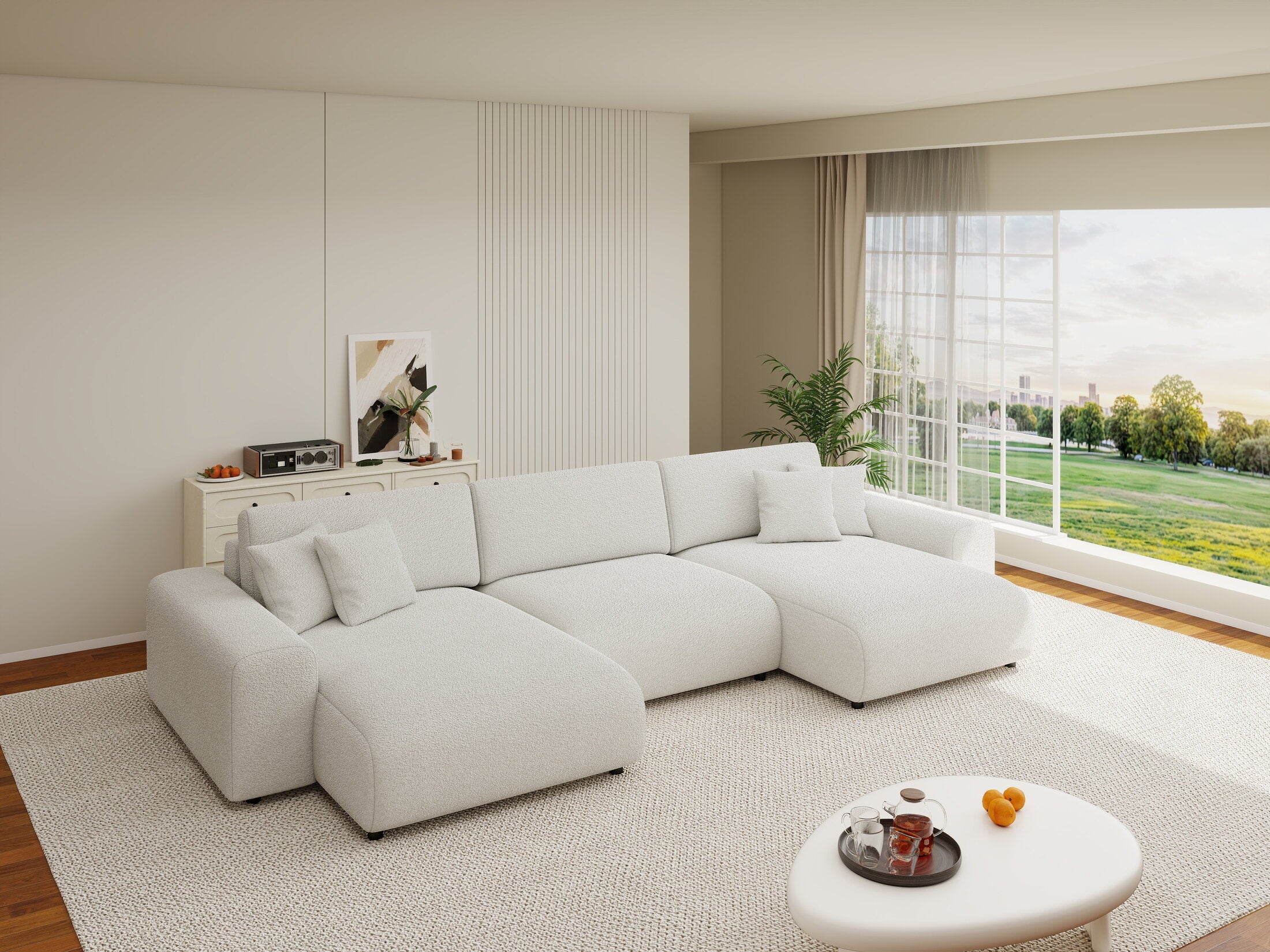 Colțar extensibil dumonde cu ladă de depozitare si sezut confortabil din spuma HR, Sarina U Euphoria Alb 350x168 cm