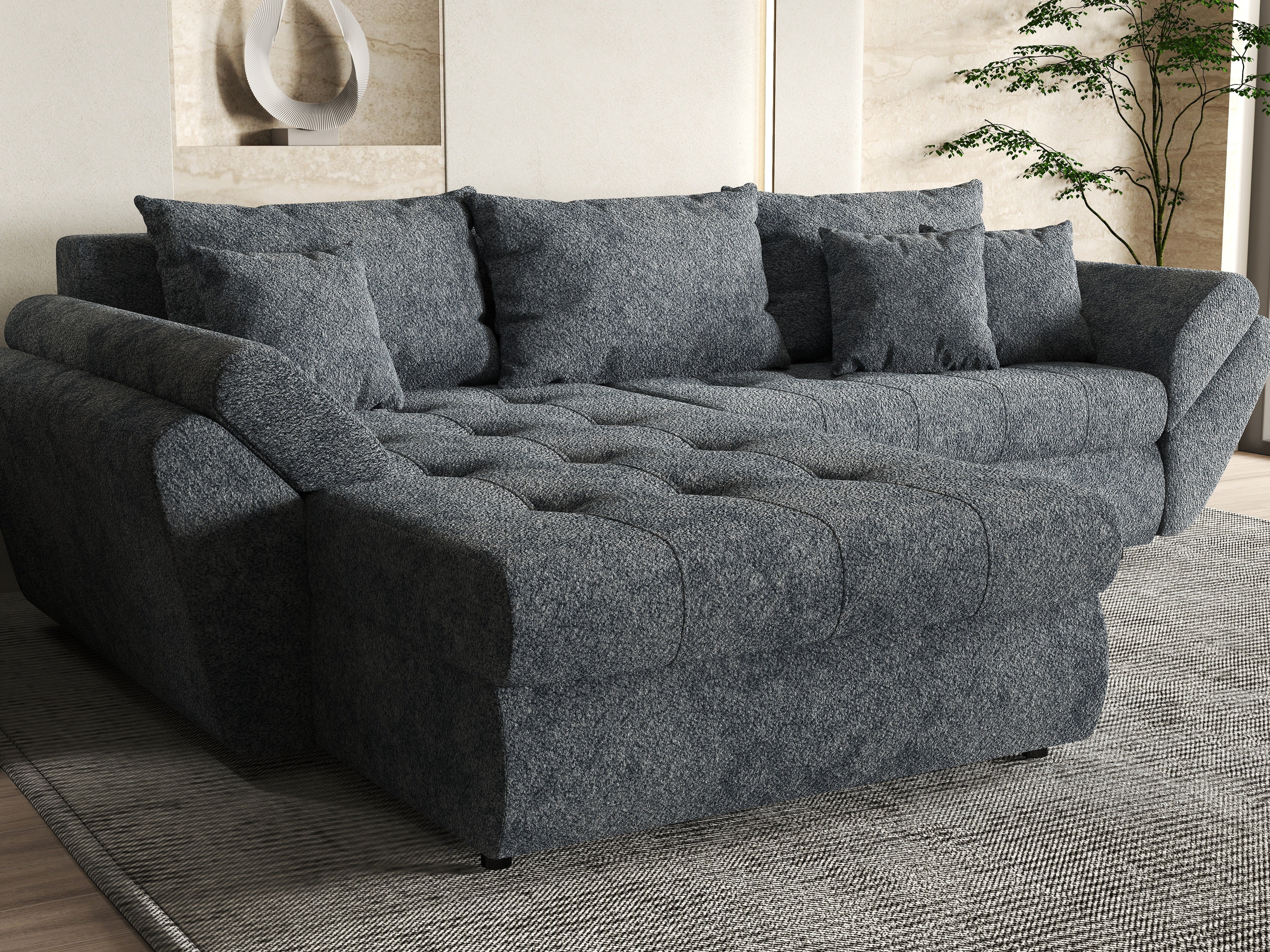 Colțar extensibil dumonde cu ladă de depozitare si sezut confortabil din spuma HR, Loana Euphoria Graphit 270x185 cm Fabrica