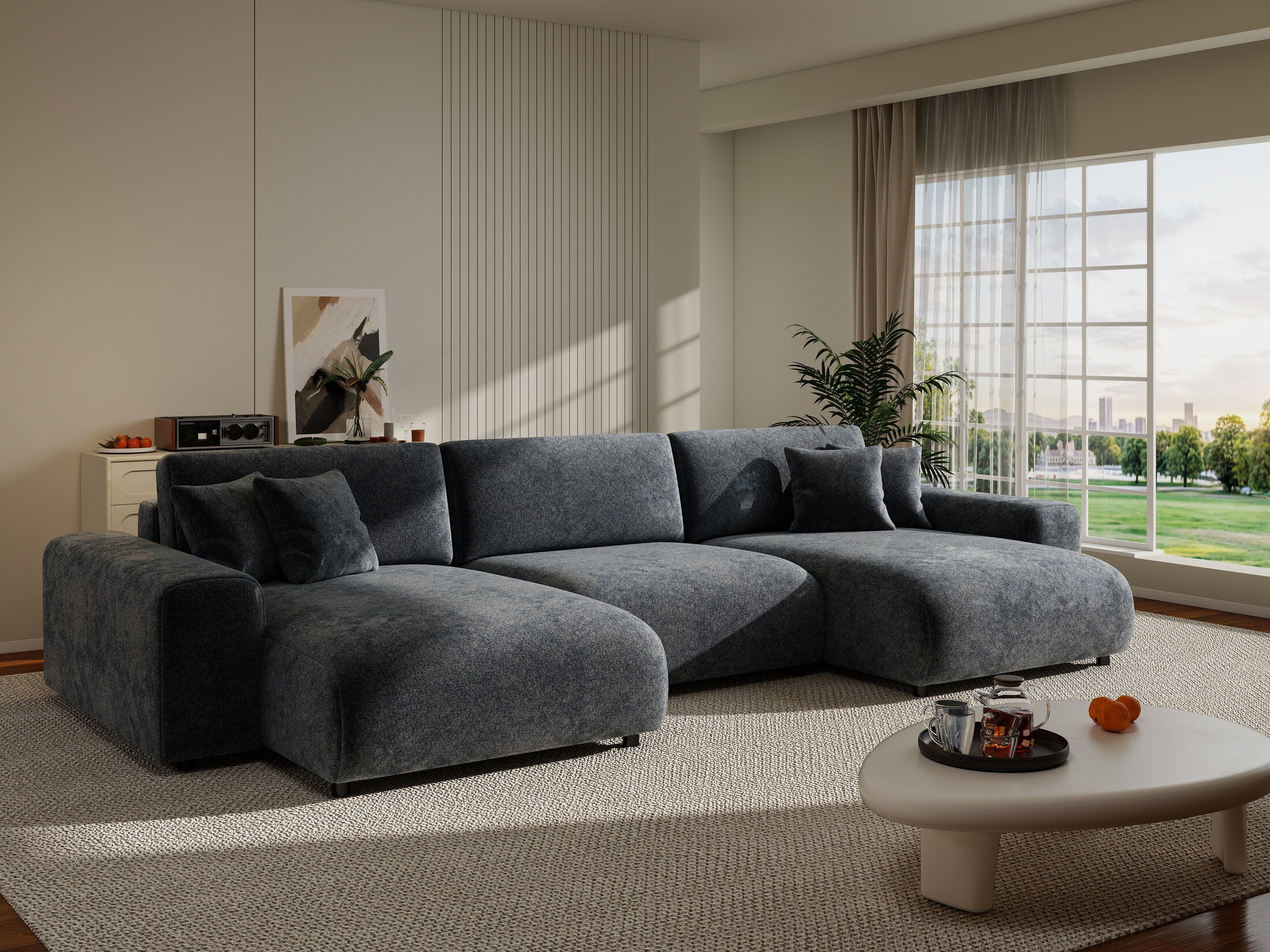 Colțar extensibil dumonde cu ladă de depozitare si sezut confortabil din spuma HR, Sarina U Euphoria Gri Grafit 350x168 cm