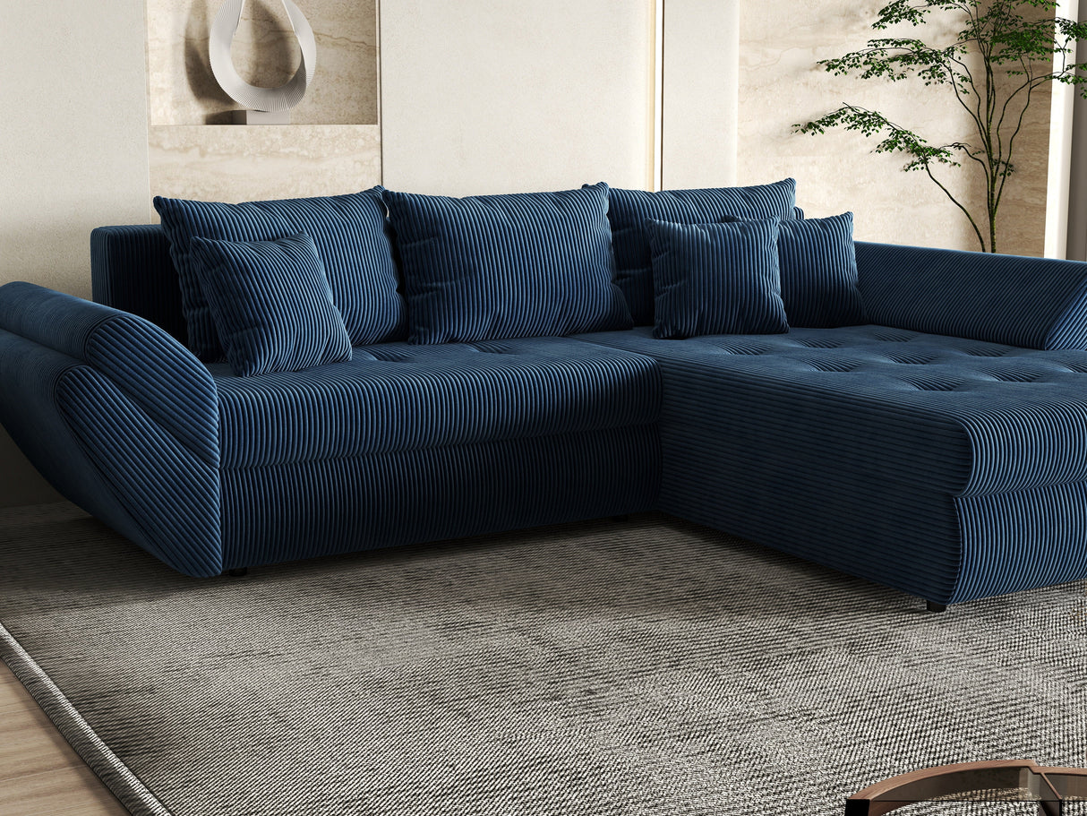Colțar extensibil dumonde cu ladă de depozitare si sezut confortabil din spuma HR, Loana Bleumarin Zoom II 270x185 cm Fabrica
