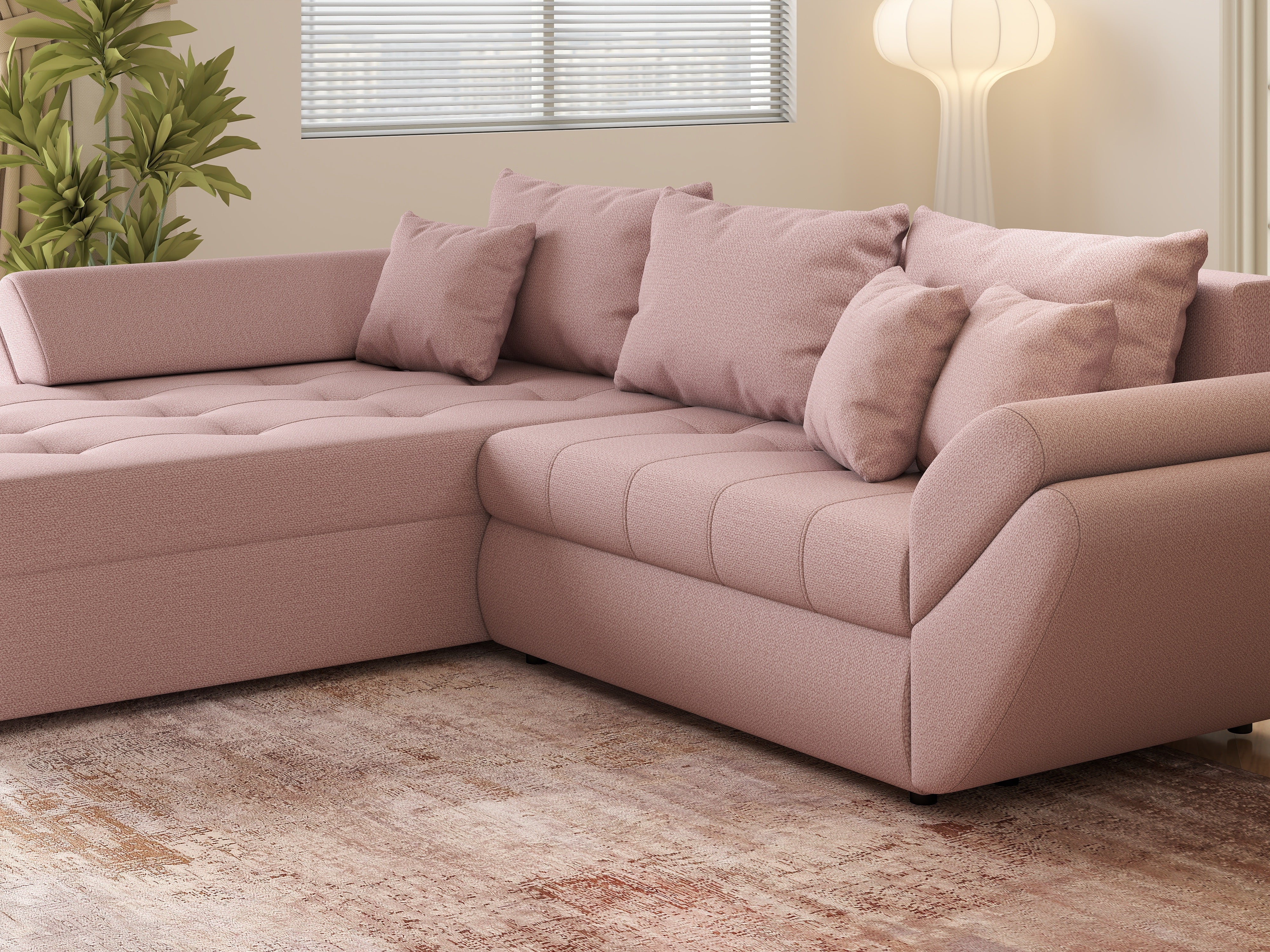 Colțar extensibil dumonde cu ladă de depozitare si sezut confortabil din spuma HR, Loana Roz 270x185 cm Fabrica