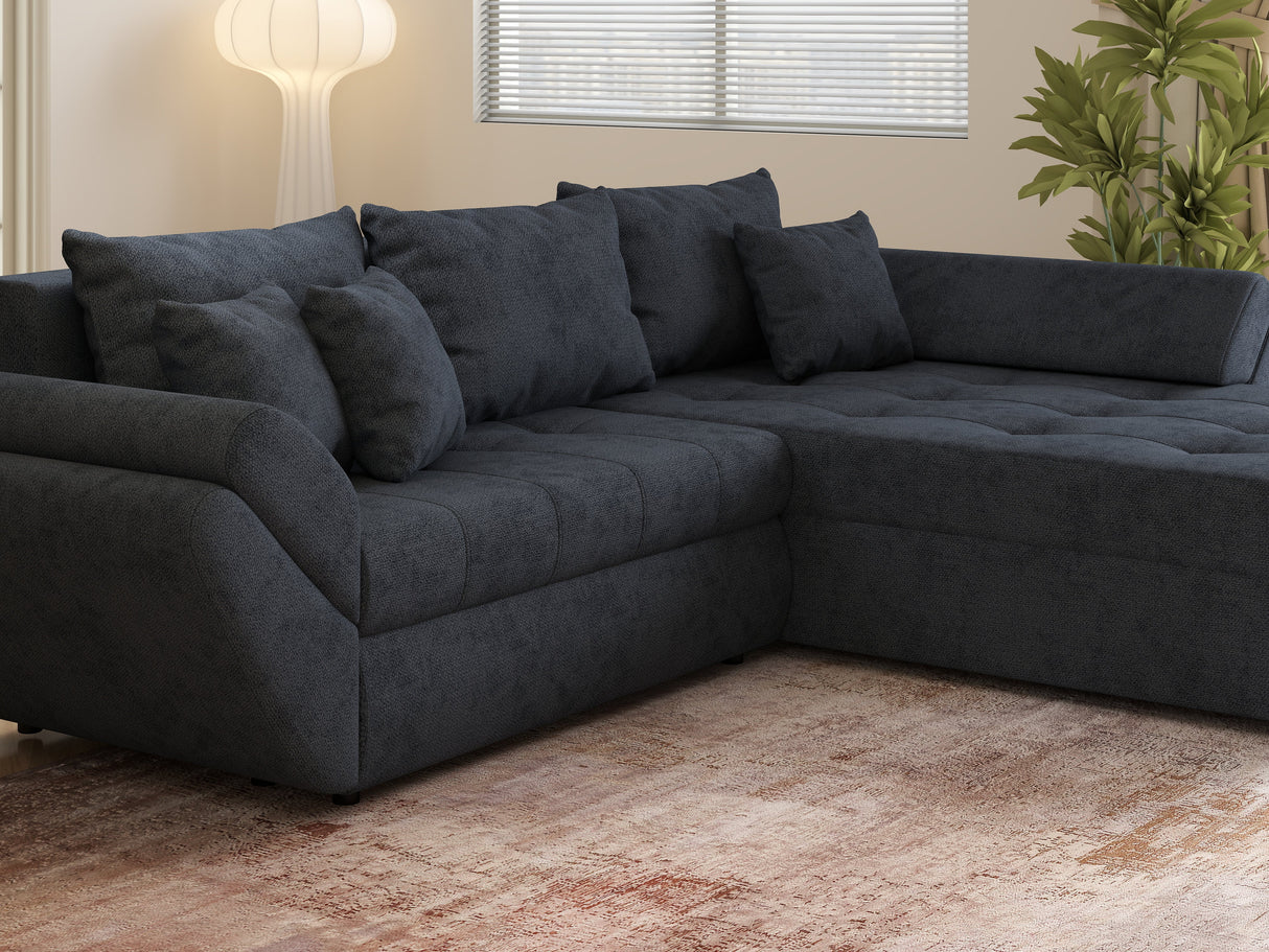 Colțar extensibil dumonde cu ladă de depozitare si sezut confortabil din spuma HR, Loana Antracit II 270x185 cm Fabrica
