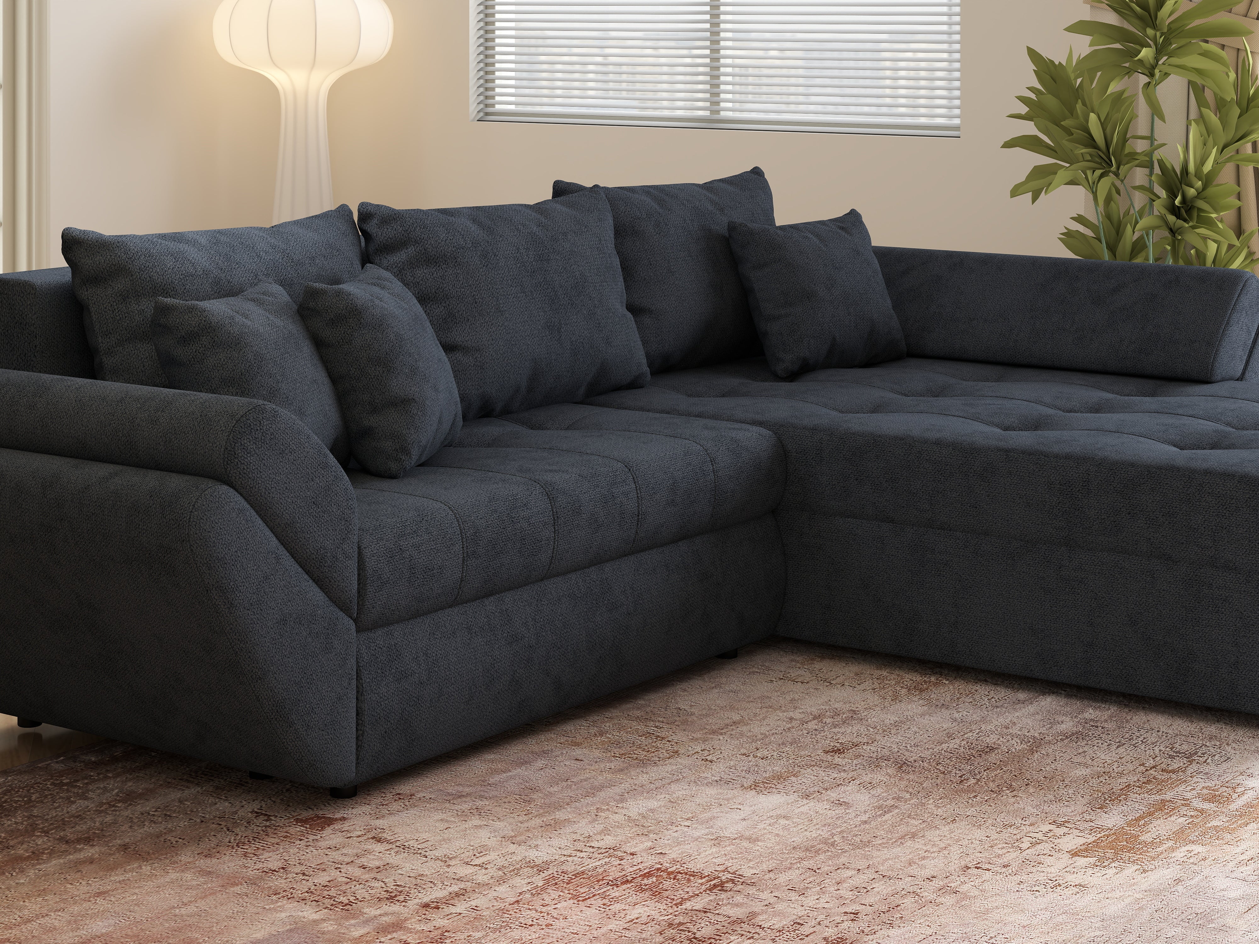 Colțar extensibil dumonde cu ladă de depozitare si sezut confortabil din spuma HR, Loana Antracit II 270x185 cm Fabrica