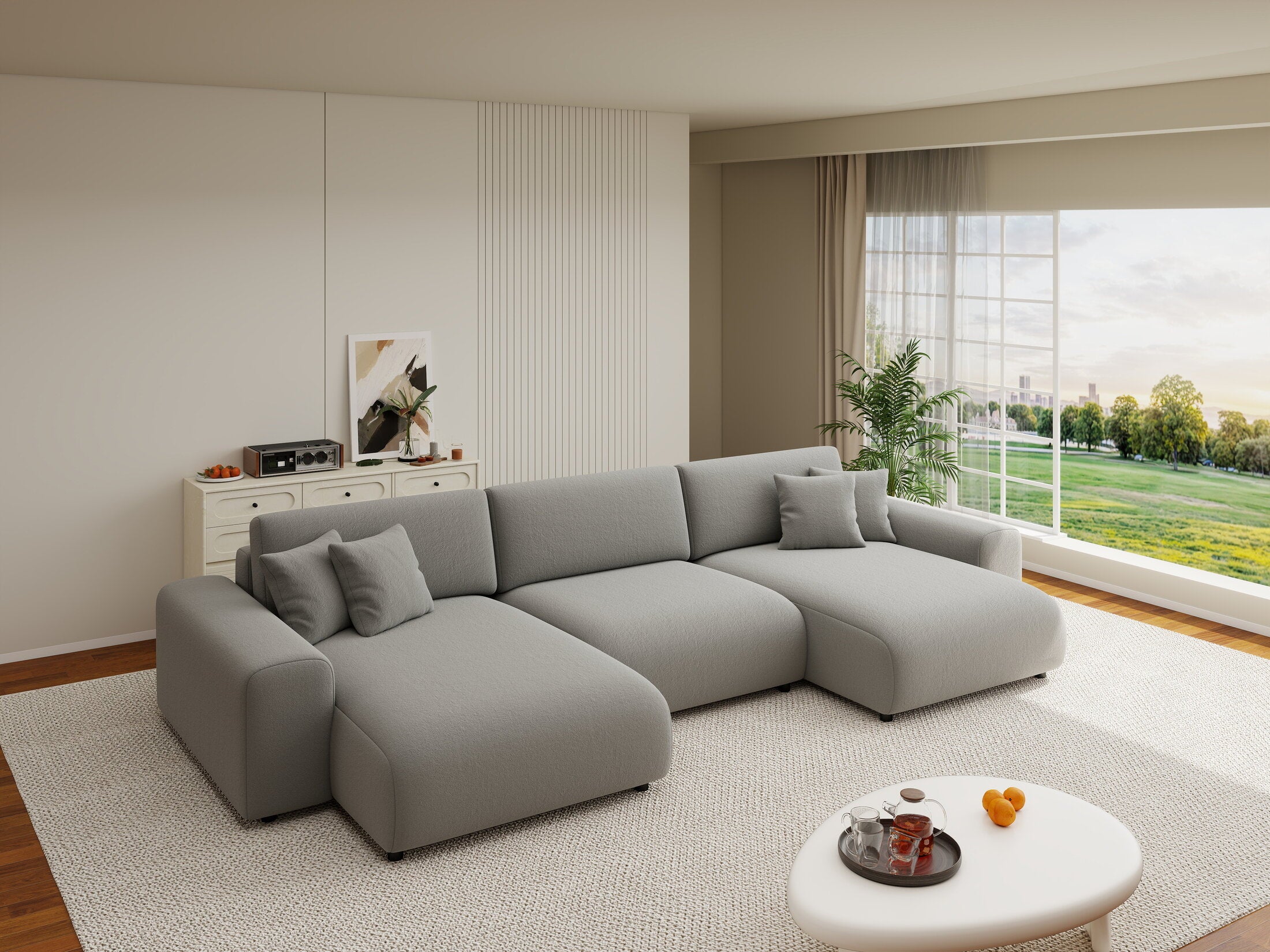 Colțar extensibil dumonde cu ladă de depozitare si sezut confortabil din spuma HR, Sarina U Royal Gri 350x168 cm