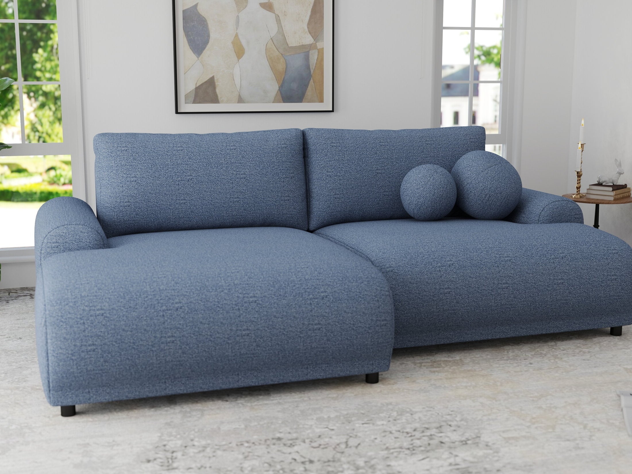 Colțar extensibil dumonde cu ladă de depozitare și șezut confortabil din spumă HR, Carlo Enjoy Albastru 240x145 cm