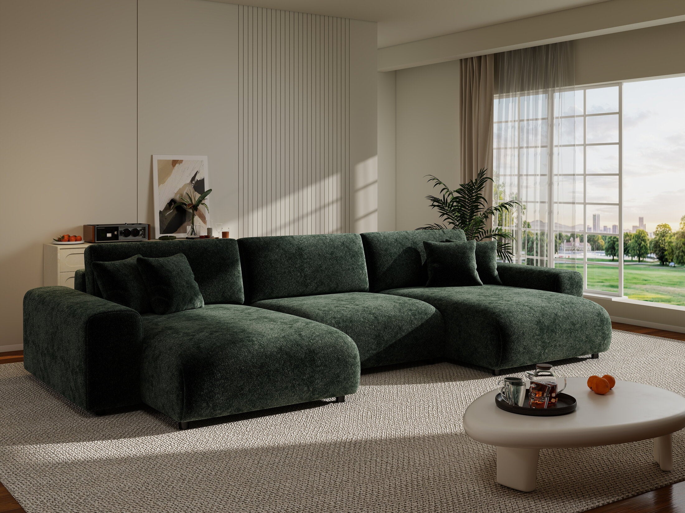 Colțar extensibil dumonde cu ladă de depozitare si sezut confortabil din spuma HR, Sarina U Euphoria Verde 350x168 cm