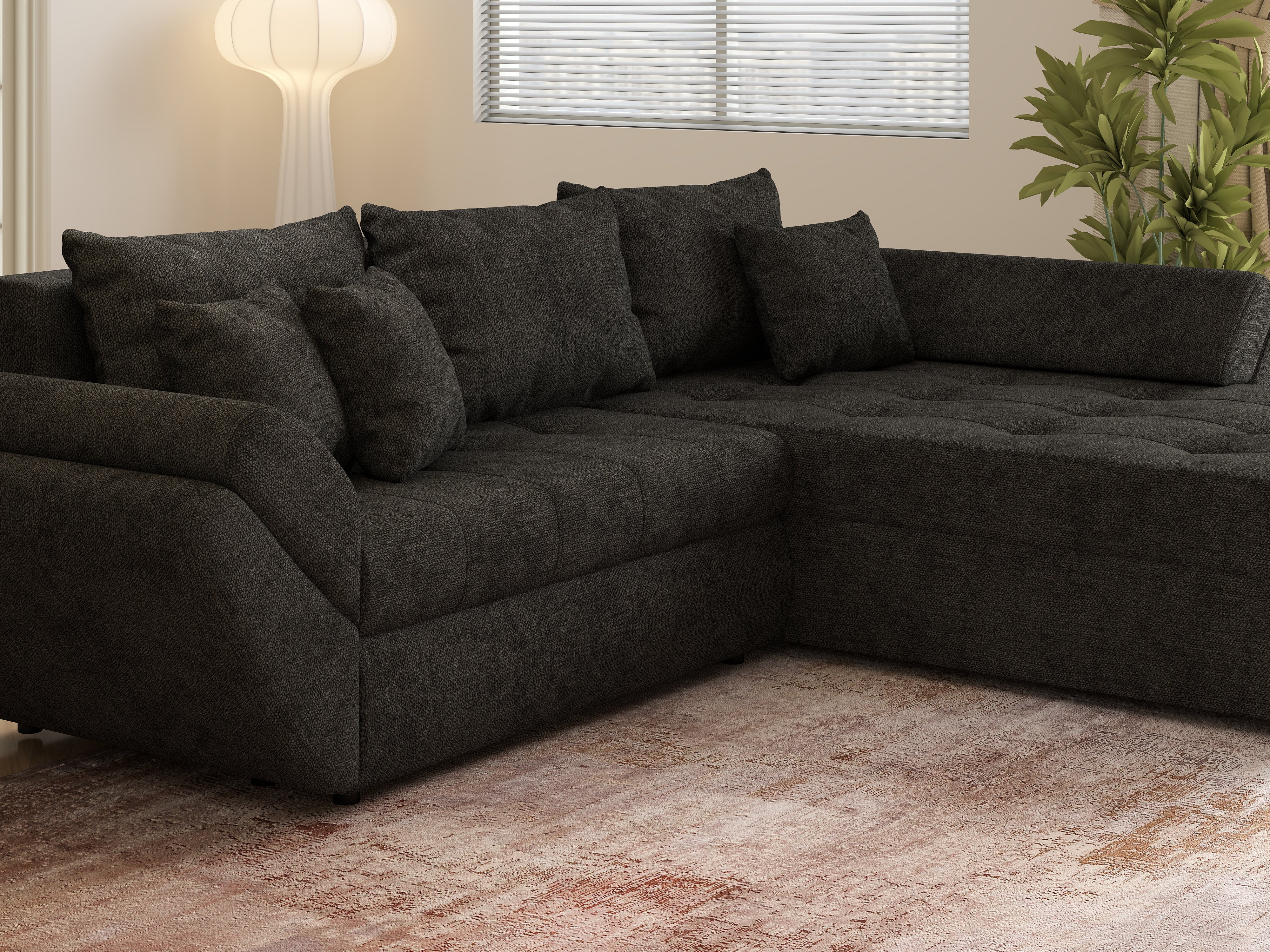Colțar extensibil dumonde cu ladă de depozitare si sezut confortabil din spuma HR, Loana Negru 270x185 cm Fabrica