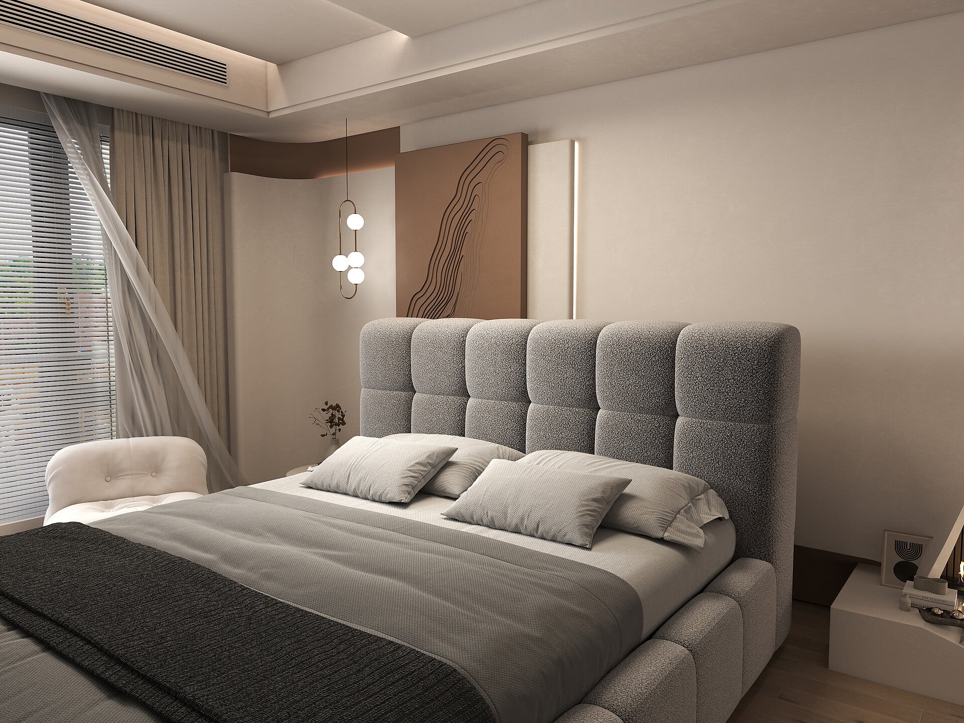 Pat dormitor dumonde, tapitat alb, Lorenzo 160x200 cm, somiera rabatabila inclusa, spatiu depozitare