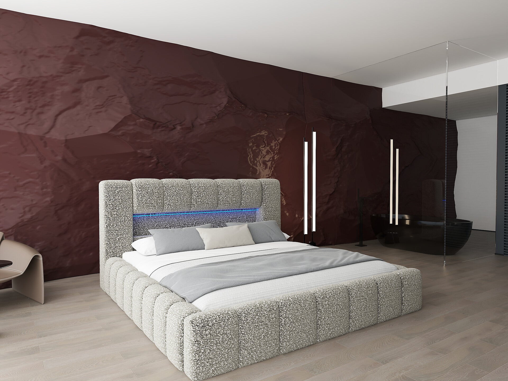 Pat dormitor dumonde, tapitat bej cu LED si USB, Palermo 160x200 cm, somiera rabatabila inclusa, spatiu depozitare