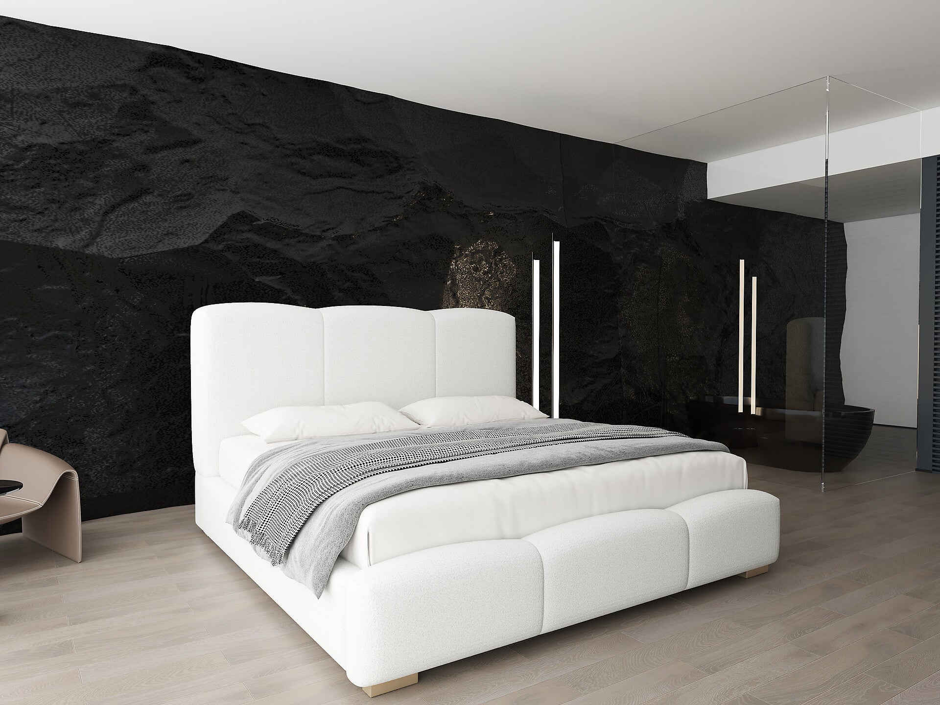 Pat dormitor dumonde, tapitat alb, Havana 180x200 cm, somiera rabatabila inclusa, spatiu depozitare