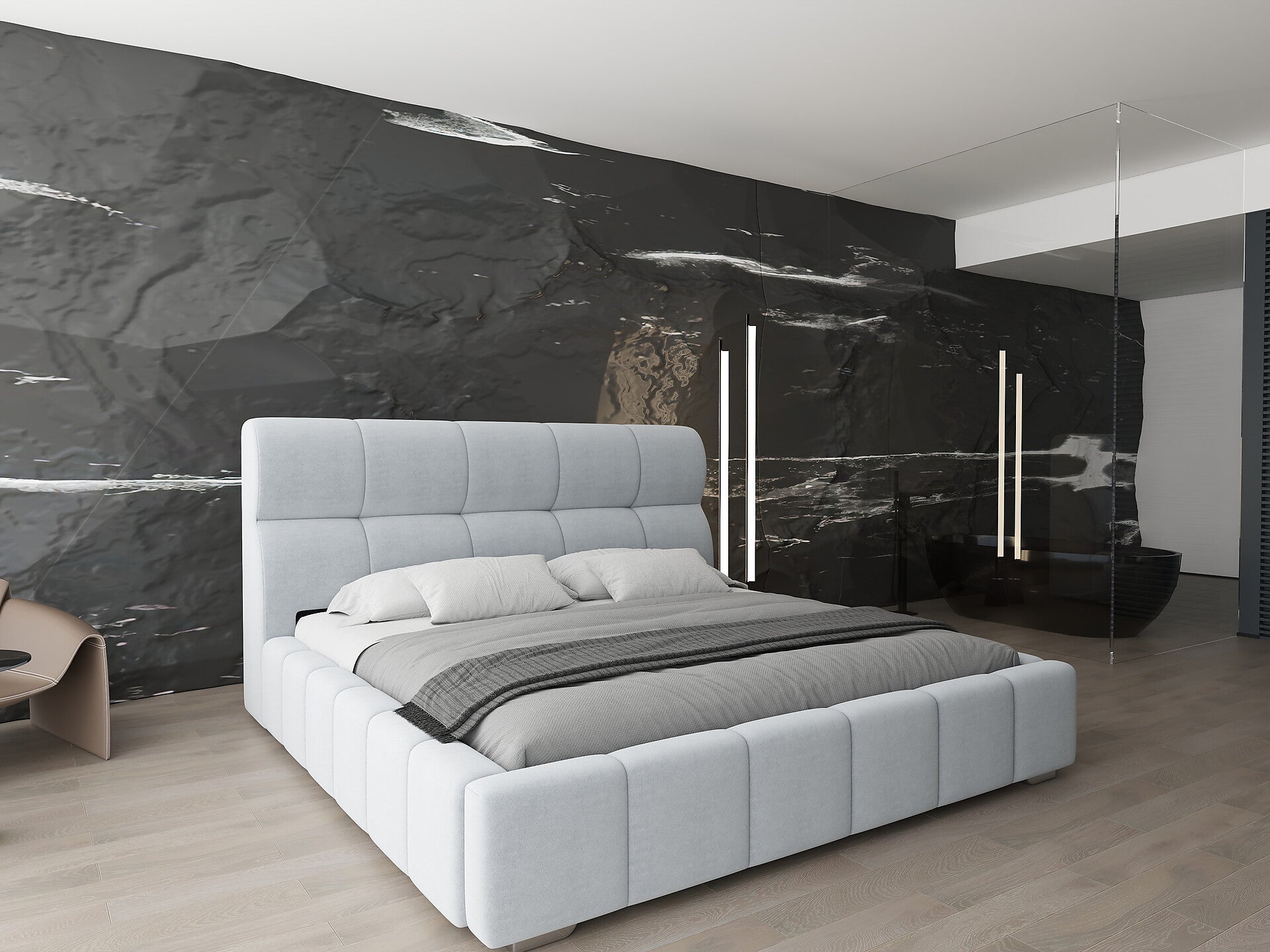 Pat dormitor dumonde, tapitat gri, Prestige 160x200 cm, somiera rabatabila inclusa, spatiu depozitare