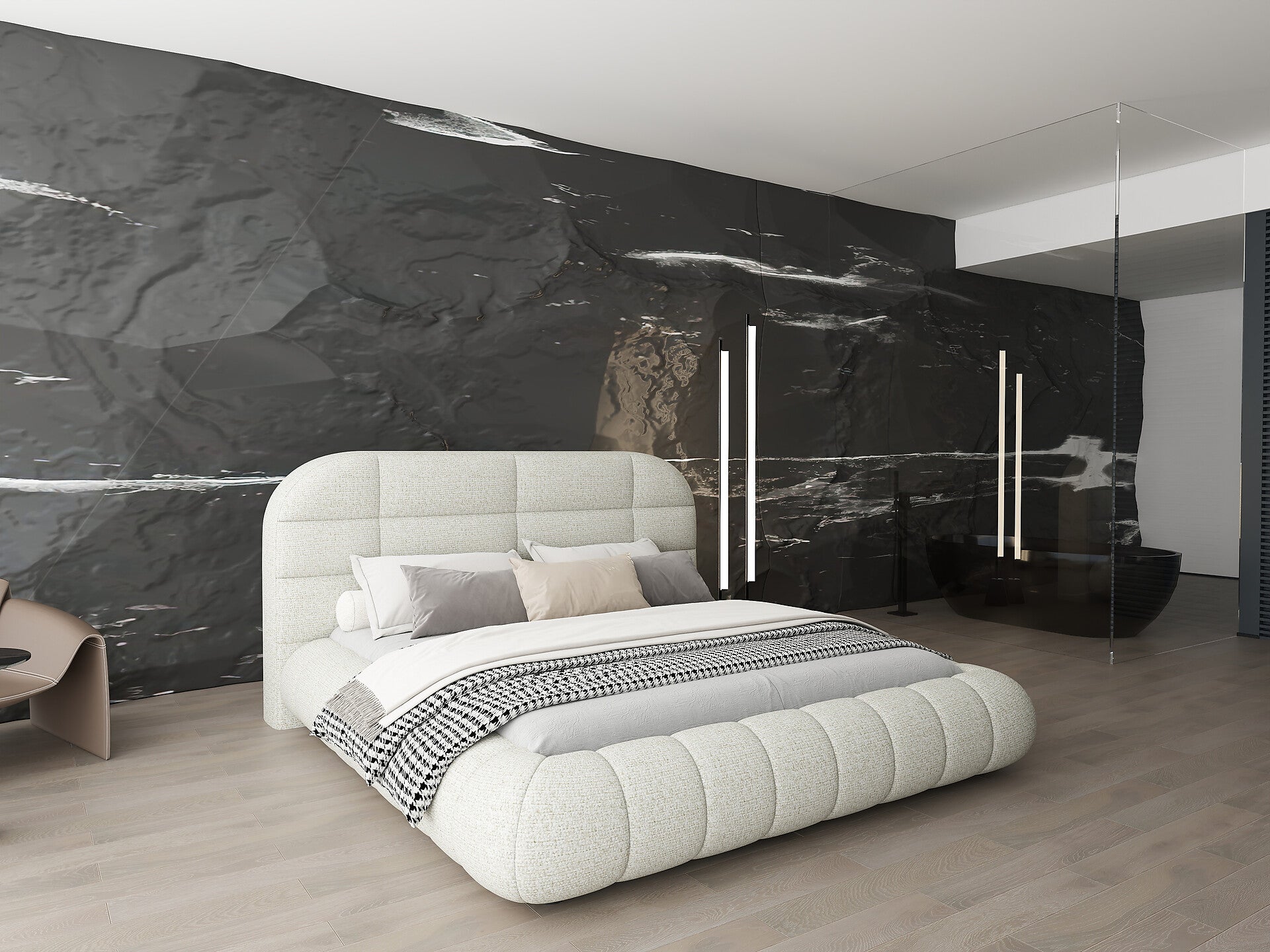 Pat dormitor dumonde, tapitat bej, Senso 180x200 cm, somiera rabatabila inclusa, spatiu depozitare