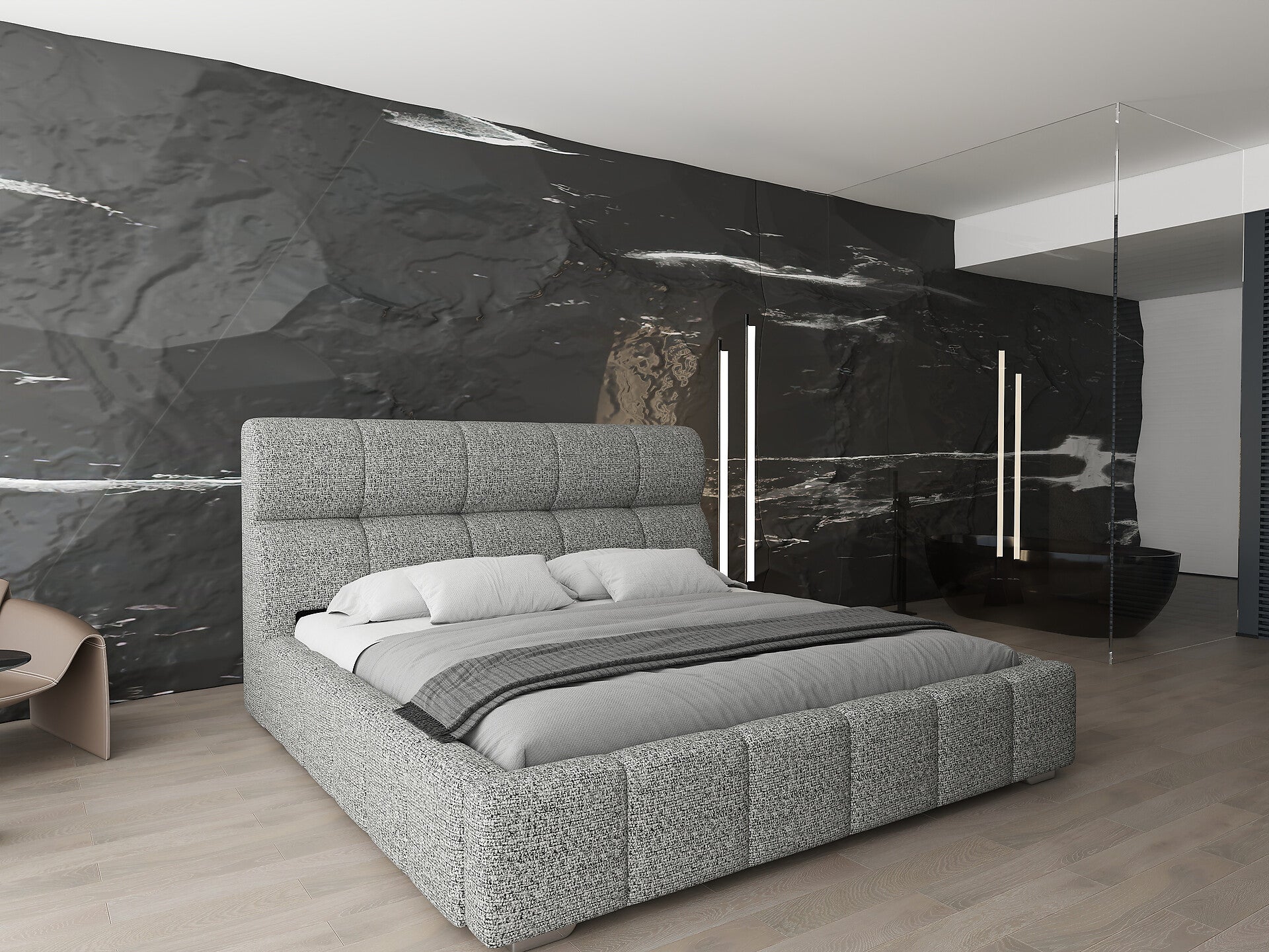 Pat dormitor dumonde, tapitat bej, Prestige 180x200 cm, somiera rabatabila inclusa, spatiu depozitare