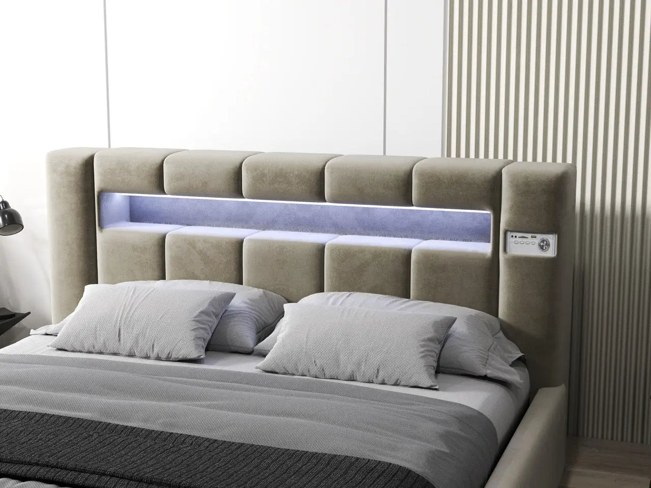 Pat dormitor dumonde, tapitat bej, Glow 160x200 cm, somiera rabatabila inclusa, spatiu depozitare WLS