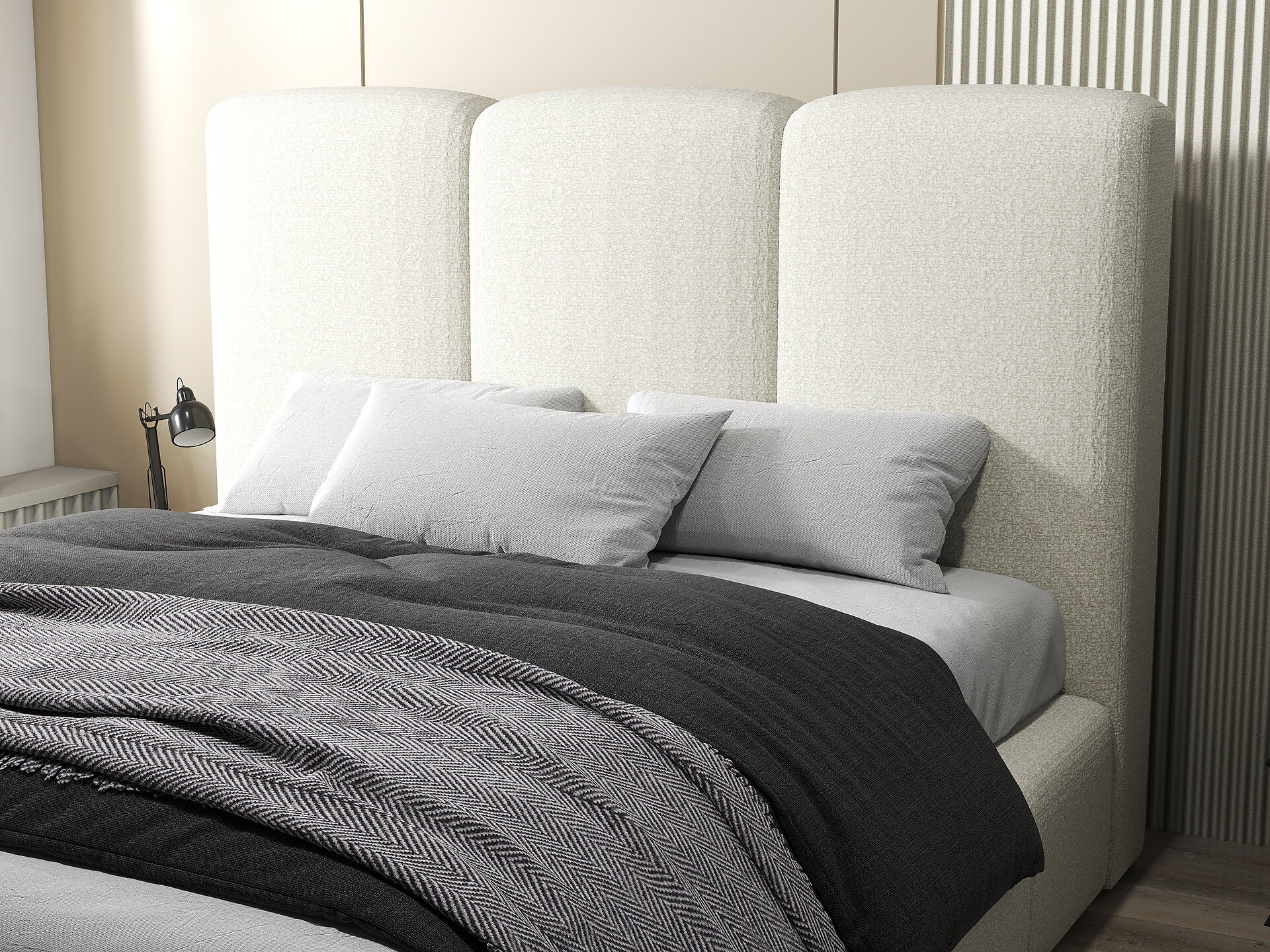 Pat dormitor dumonde, tapitat bej, Dinasty 160x200 cm, somiera rabatabila inclusa, spatiu depozitare