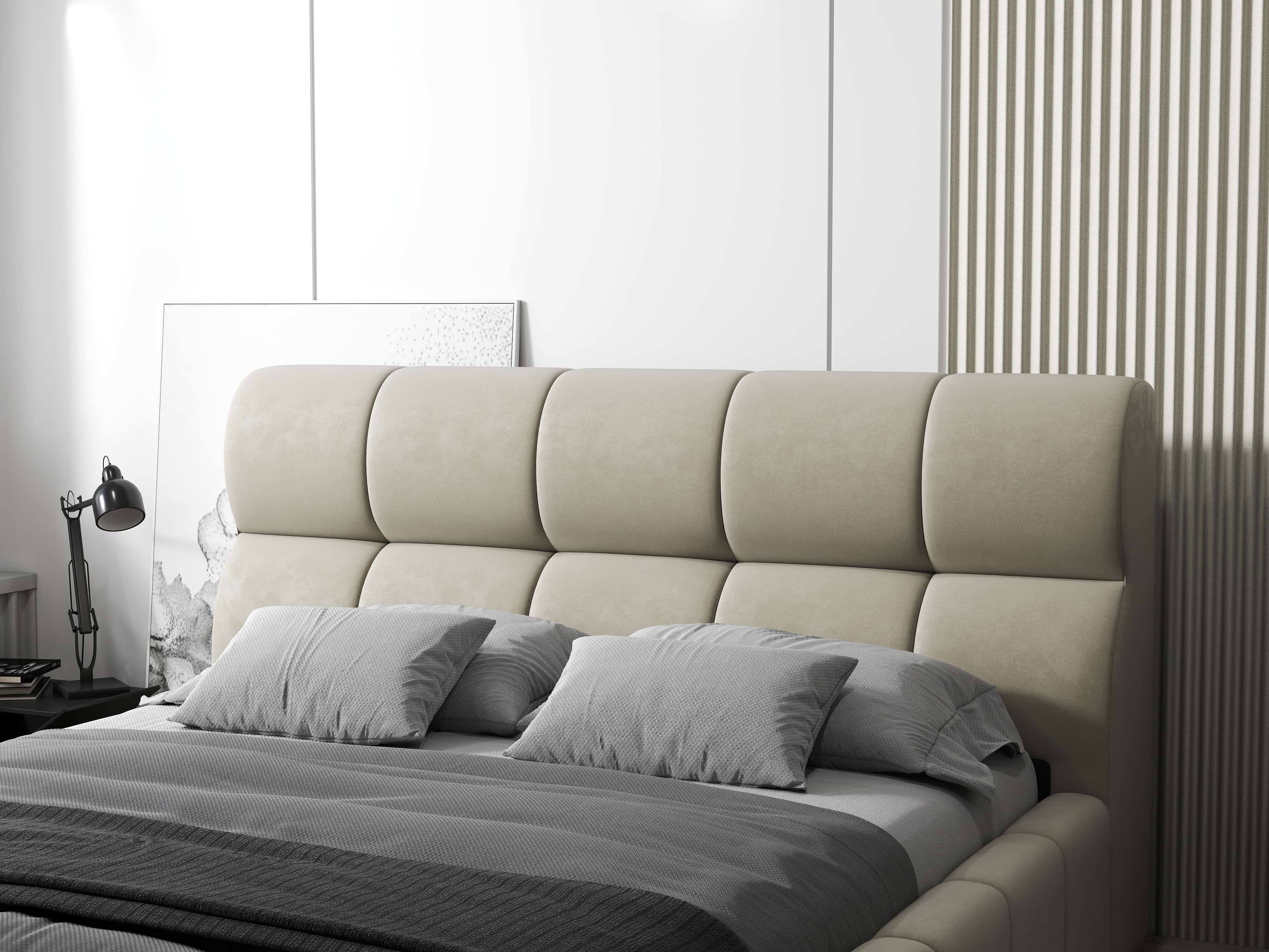 Pat dormitor dumonde, tapitat bej, Prestige 160x200 cm, somiera rabatabila inclusa, spatiu depozitare