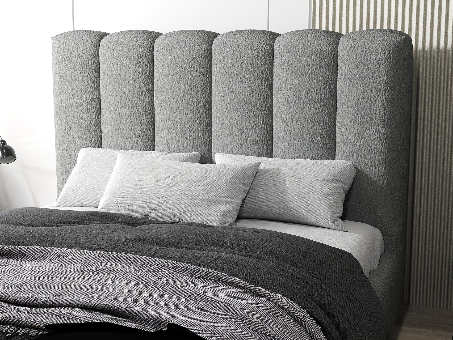 Pat dormitor dumonde, tapitat gri, Milano 140x200 cm, somiera rabatabila inclusa, spatiu depozitare