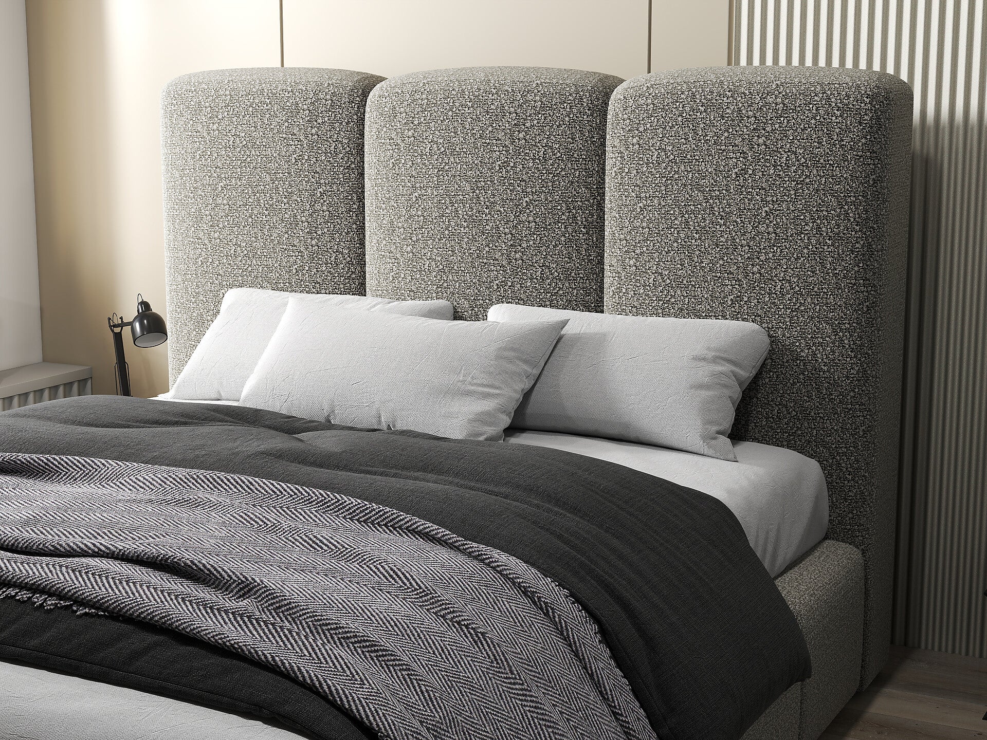 Pat dormitor dumonde, tapitat gri, Dinasty 160x200 cm, somiera rabatabila inclusa, spatiu depozitare