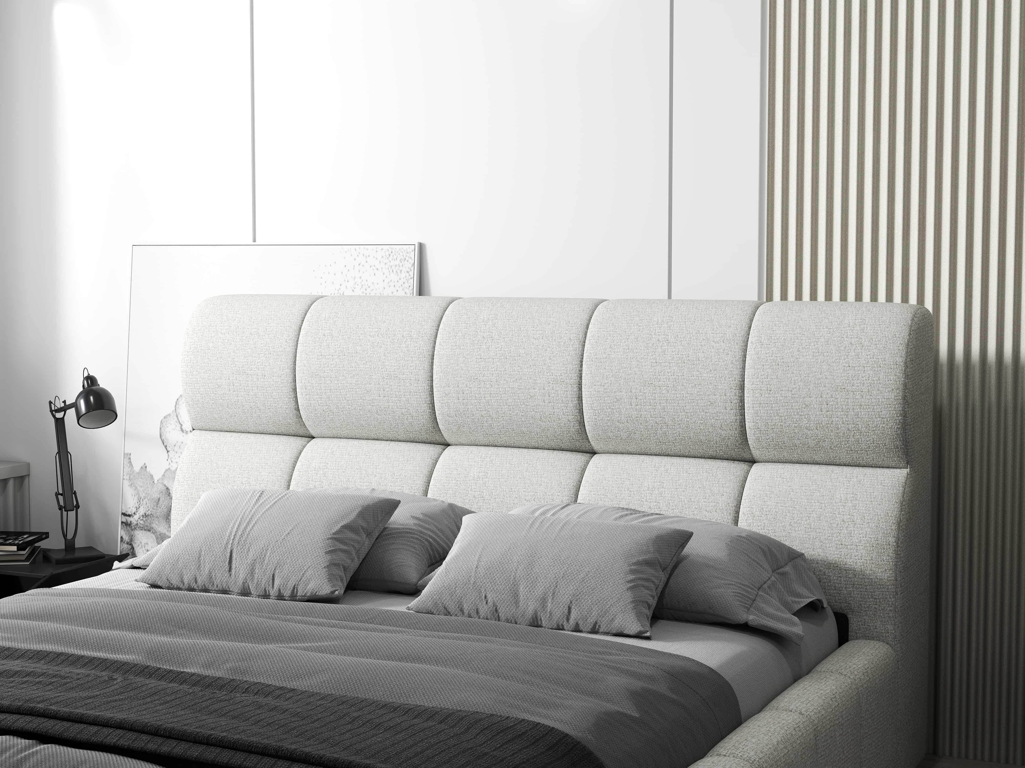Pat dormitor dumonde, tapitat bej, Prestige 180x200 cm, somiera rabatabila inclusa, spatiu depozitare