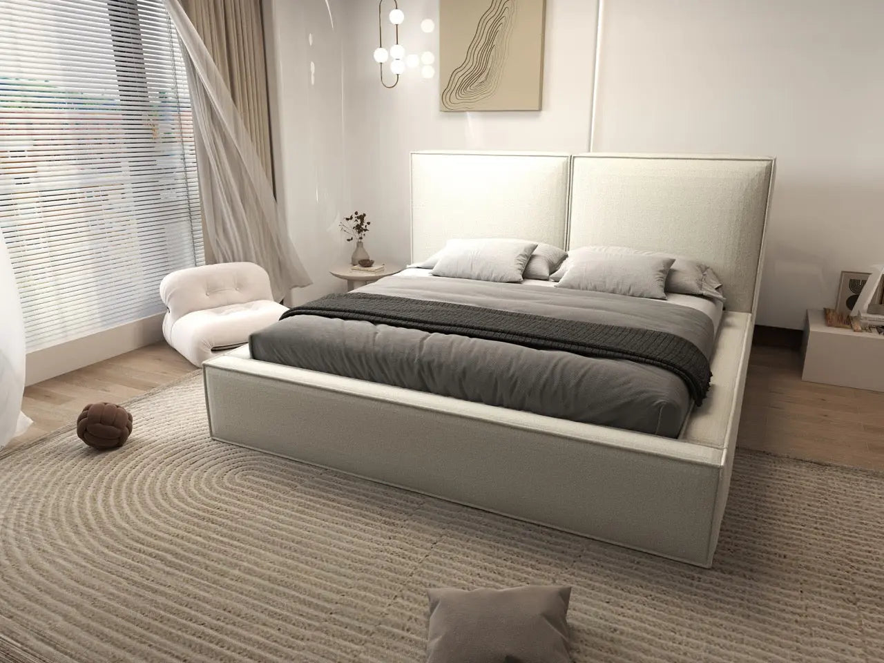 Pat dormitor dumonde, tapitat alb, Dreamer 160x200 cm, somiera rabatabila inclusa, spatiu depozitare WLS