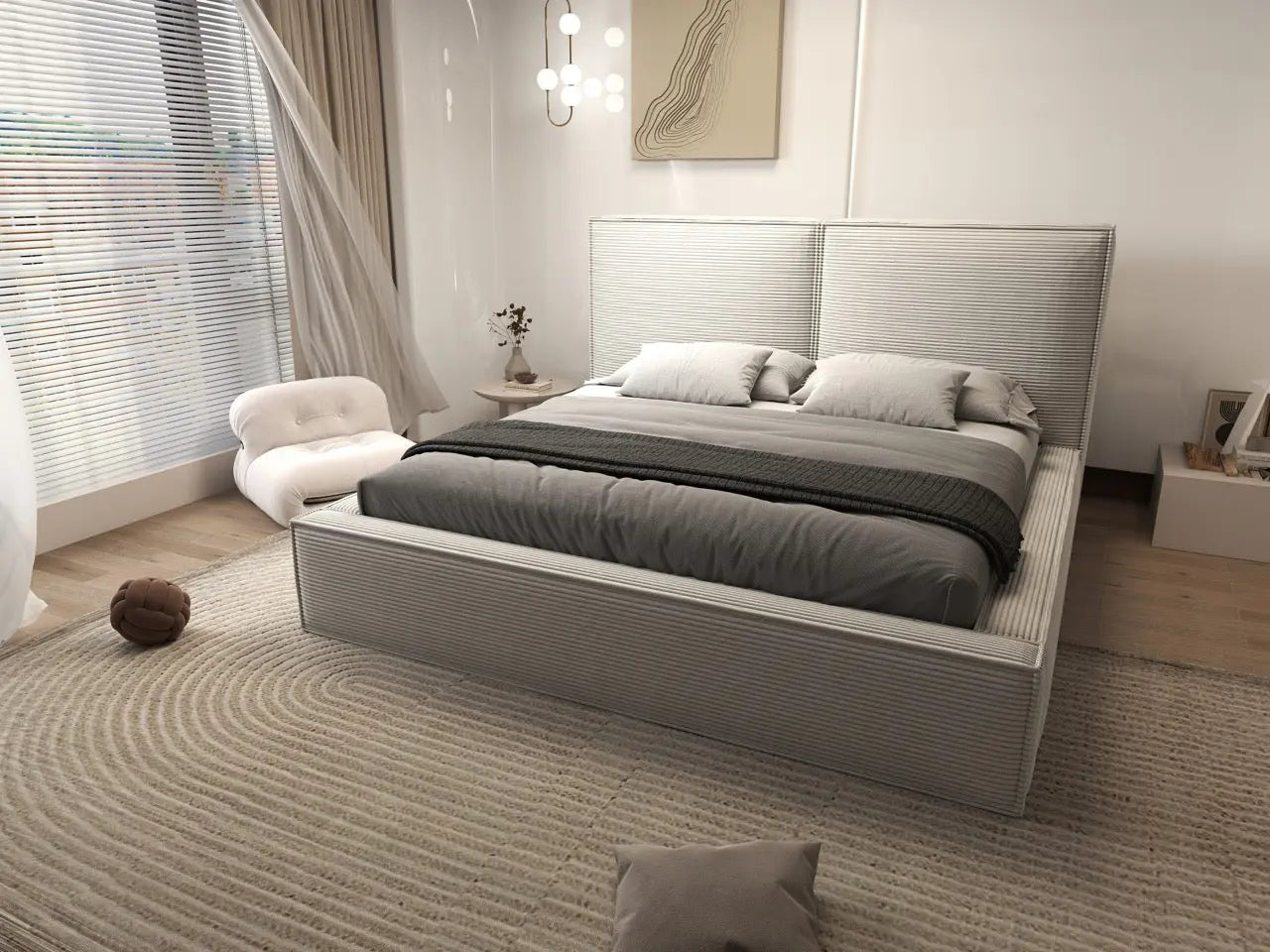 Pat dormitor dumonde, tapitat gri, Dreamer 180x200 cm, somiera rabatabila inclusa, spatiu depozitare WLS