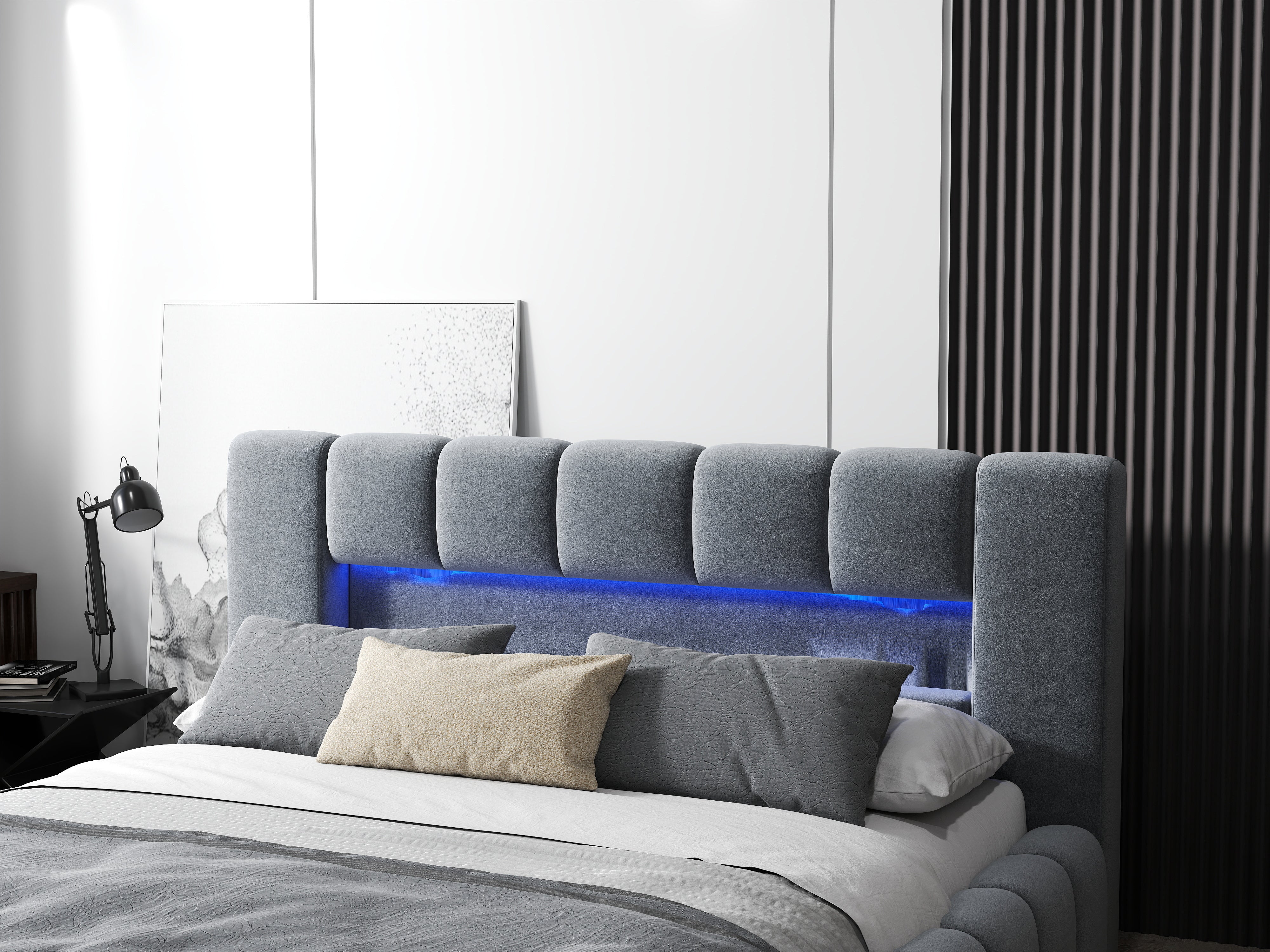 Pat dormitor dumonde, tapitat gri cu LED si USB, Palermo 180x200 cm, somiera rabatabila inclusa, spatiu depozitare WLS