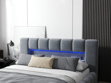 Pat dormitor dumonde, tapitat gri cu LED si USB, Palermo 160x200 cm, somiera rabatabila inclusa, spatiu depozitare