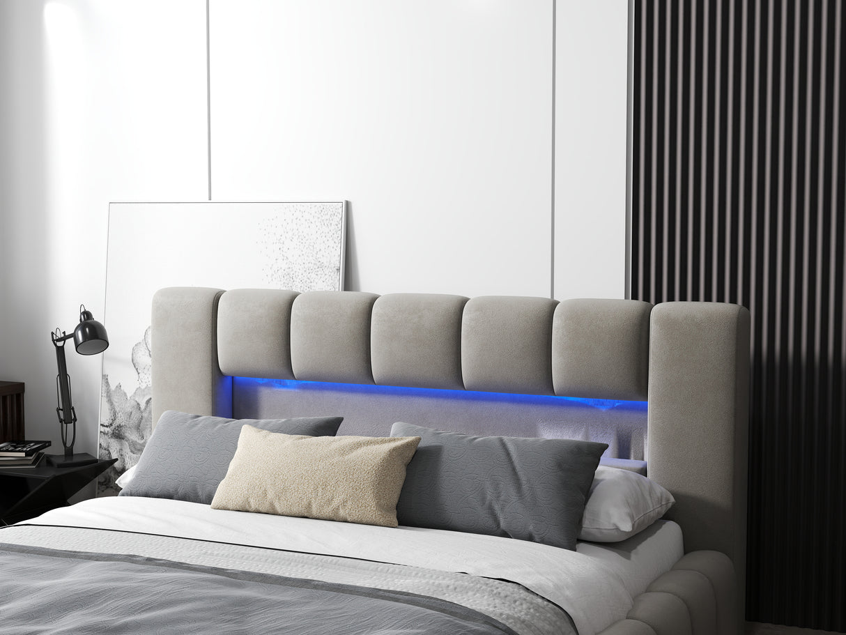 Pat dormitor dumonde, tapitat bej cu LED si USB, Palermo 140x200 cm, somiera rabatabila inclusa, spatiu depozitare