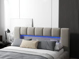 Pat dormitor dumonde, tapitat bej cu LED si USB, Palermo 140x200 cm, somiera rabatabila inclusa, spatiu depozitare