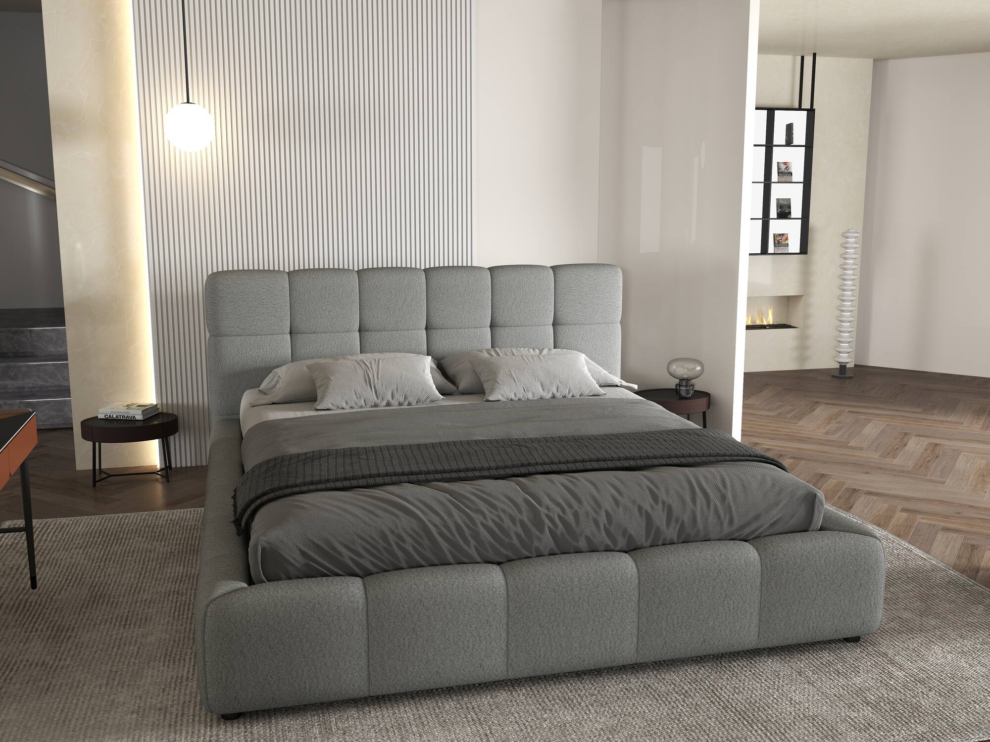 Pat dormitor dumonde, tapitat gri, Lorenzo 180X200 cm, somiera rabatabila inclusa, spatiu depozitare