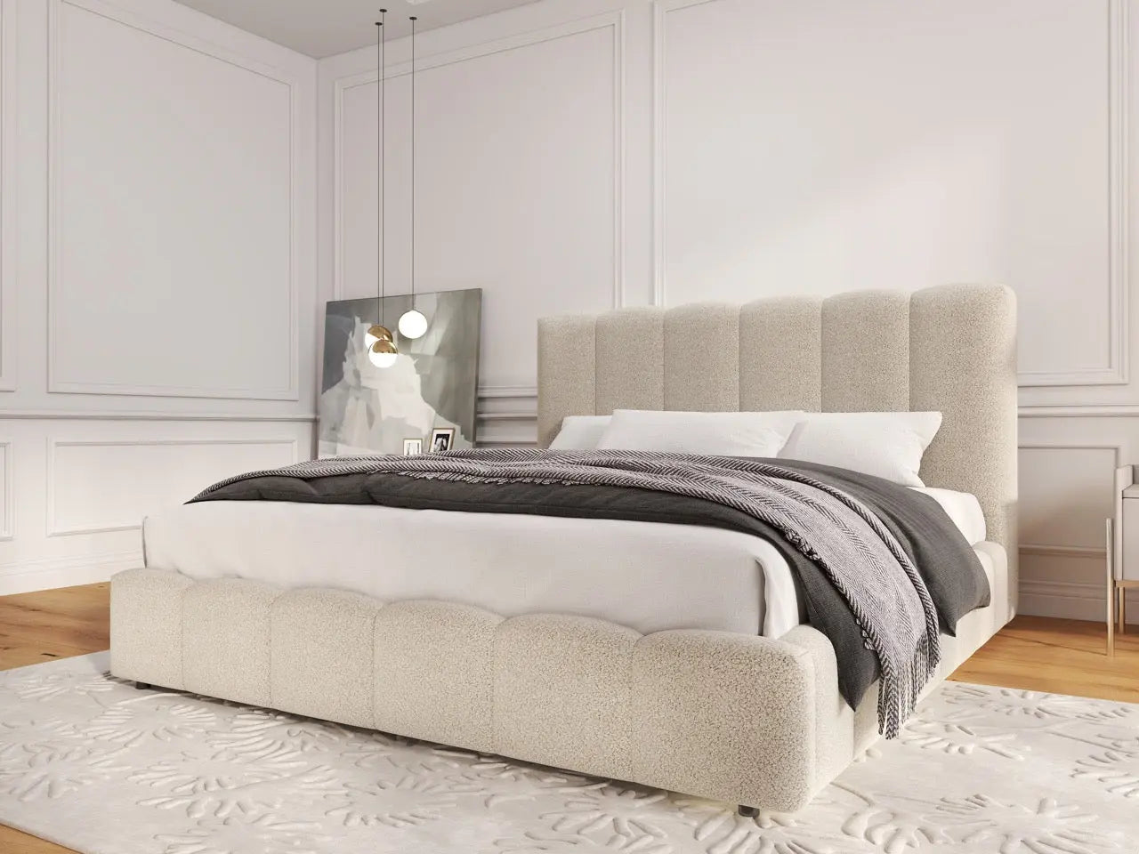 Pat dormitor dumonde, tapitat bej, Milano 180x200 cm, somiera rabatabila inclusa, spatiu depozitare WLS