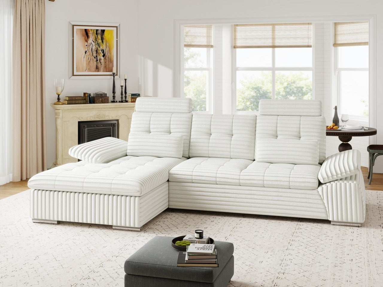 Colțar extensibil dumonde cu ladă de depozitare și șezut confortabil din spumă HR, Merkur Ambience Alb 270x168 cm