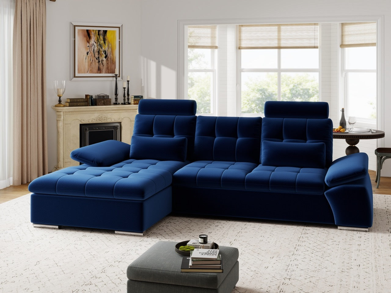 Colțar extensibil dumonde cu ladă de depozitare și șezut confortabil din spumă HR, Merkur Royal Albastru Navy 270x168 cm