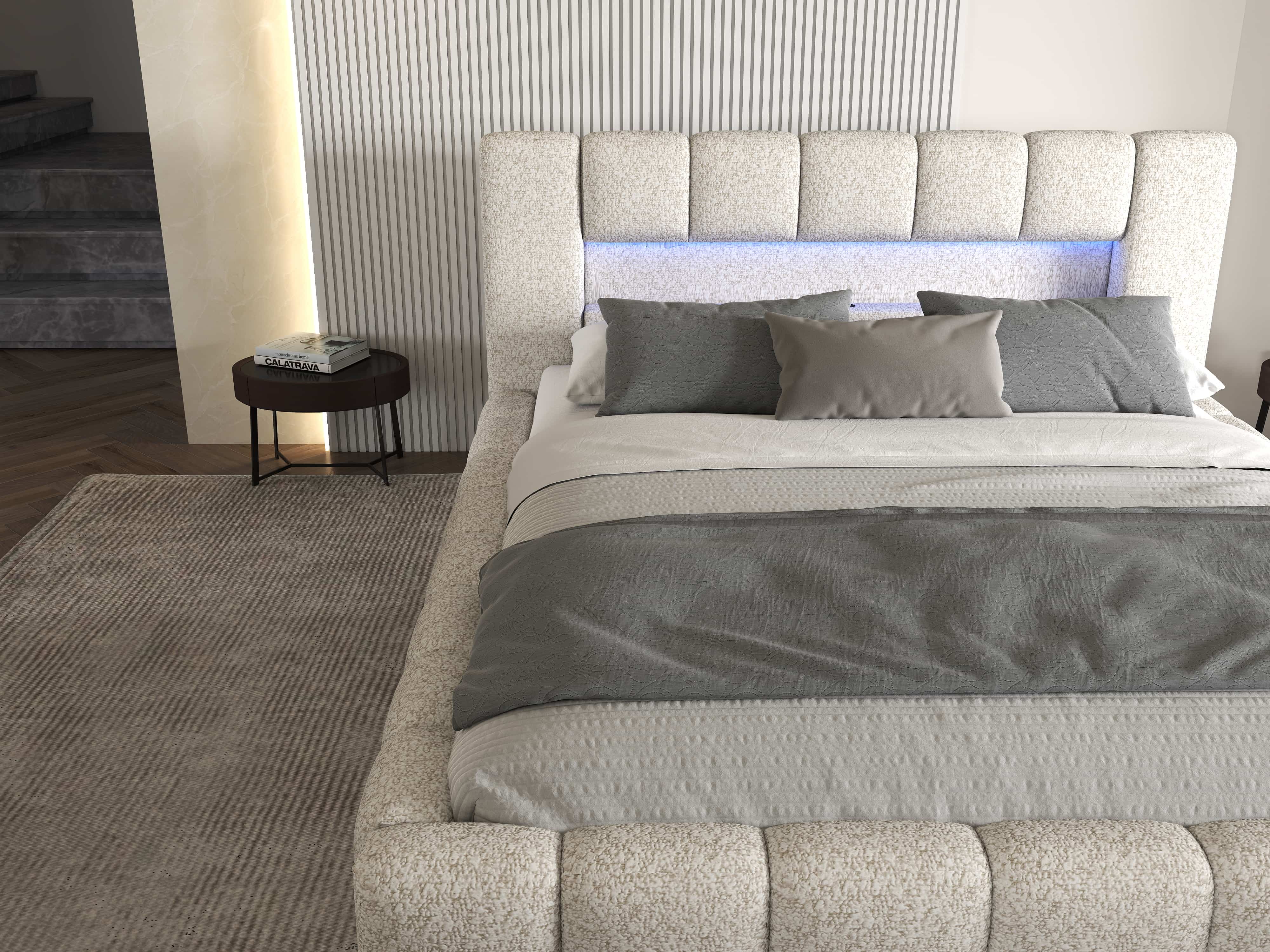 Pat dormitor dumonde, tapitat alb cu LED si USB, Palermo 180x200 cm, somiera rabatabila inclusa, spatiu depozitare